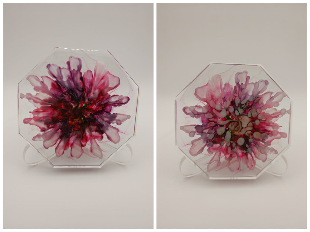 Resin Coaster Set with Holder: Double Sided Epoxy Art, Blooming Floral Design