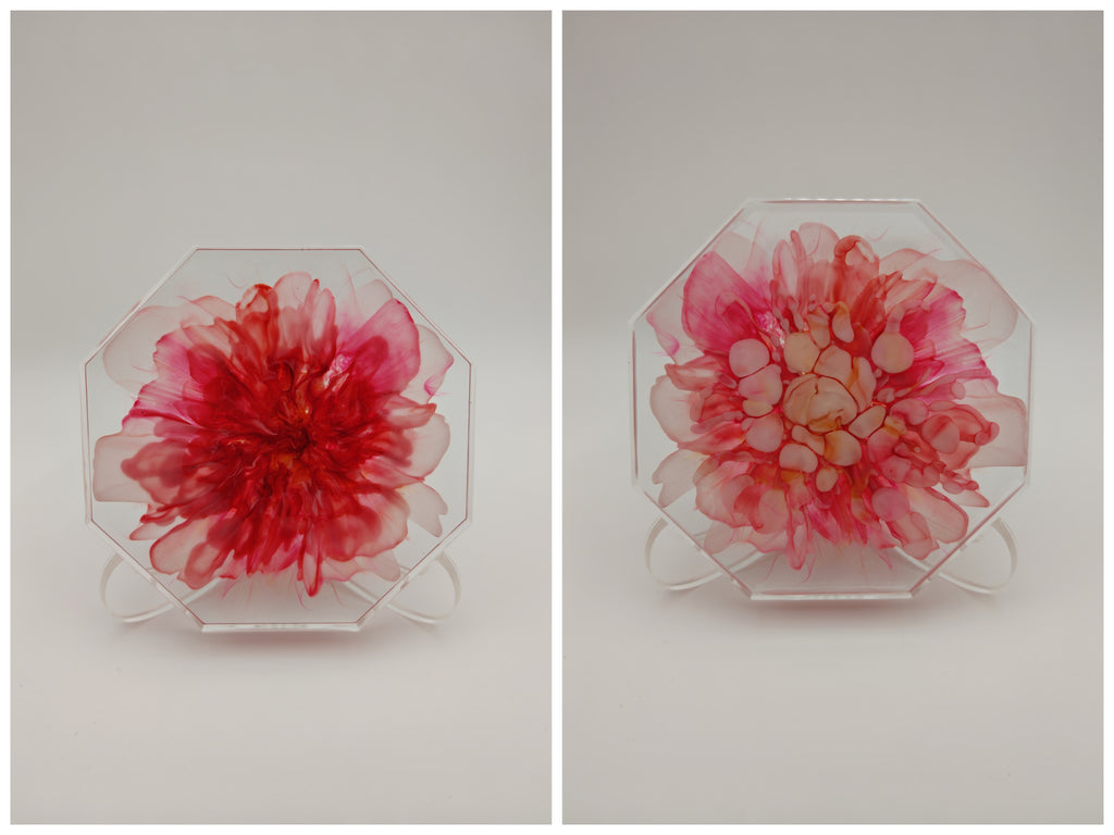 Resin Coaster Set with Holder: Double Sided Epoxy Art, Blooming Floral Design