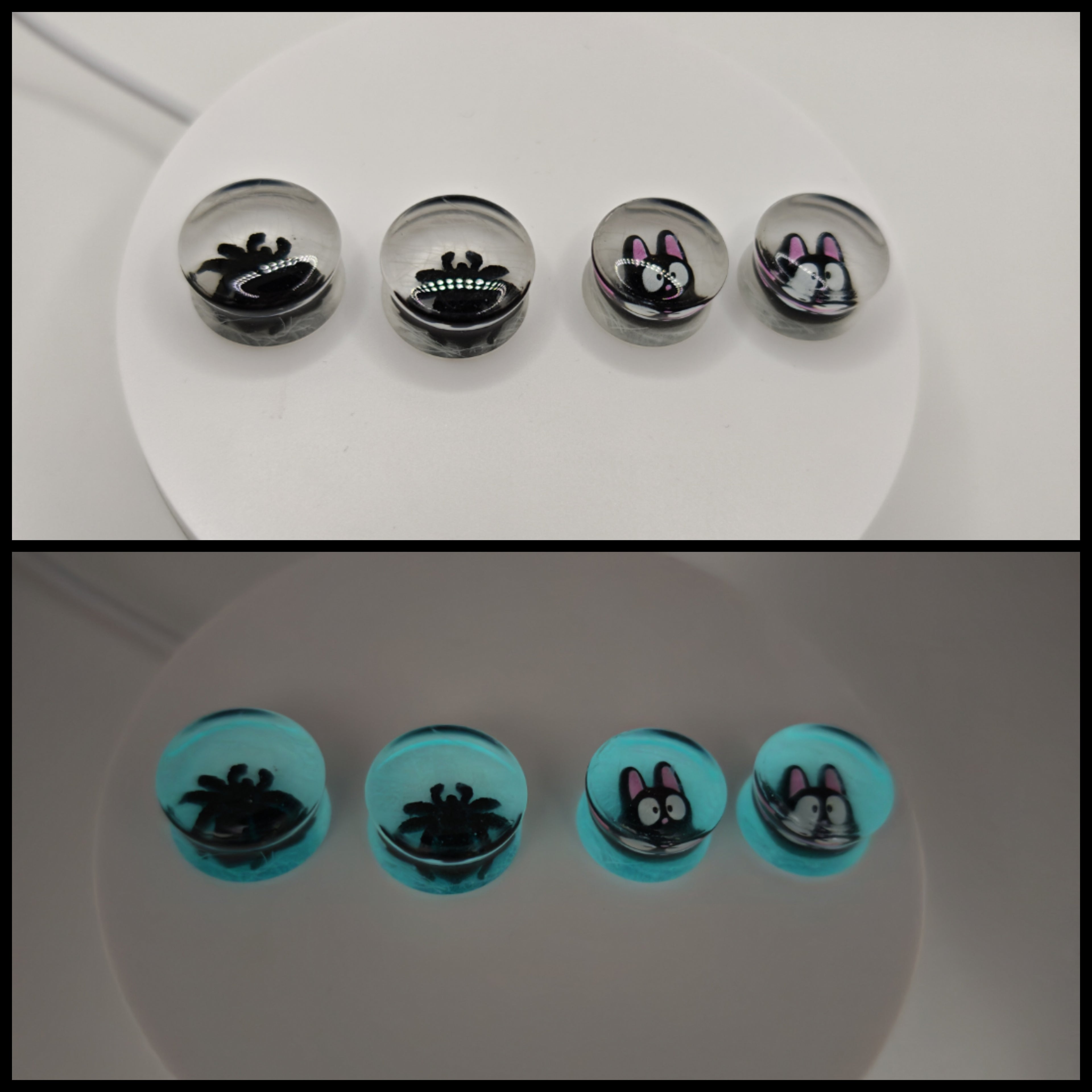 Handmade Resin Ear Gauges: Halloween Glow In The Dark Plugs- Spider (20mm) And Cat (18mm) In Web Design