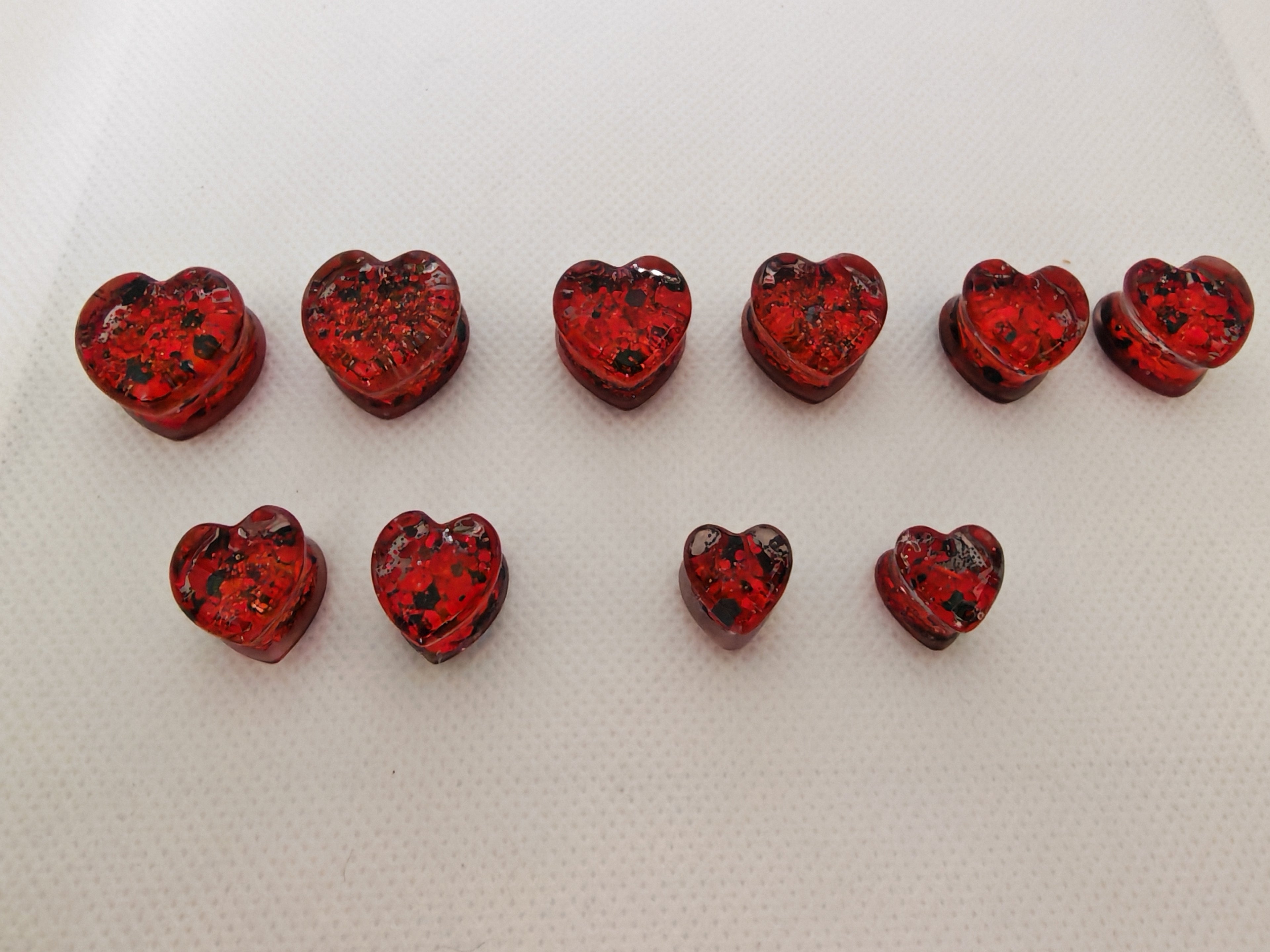 Red & Black Glitter Heart Ear Tunnels: Handmade Resin Gauges
