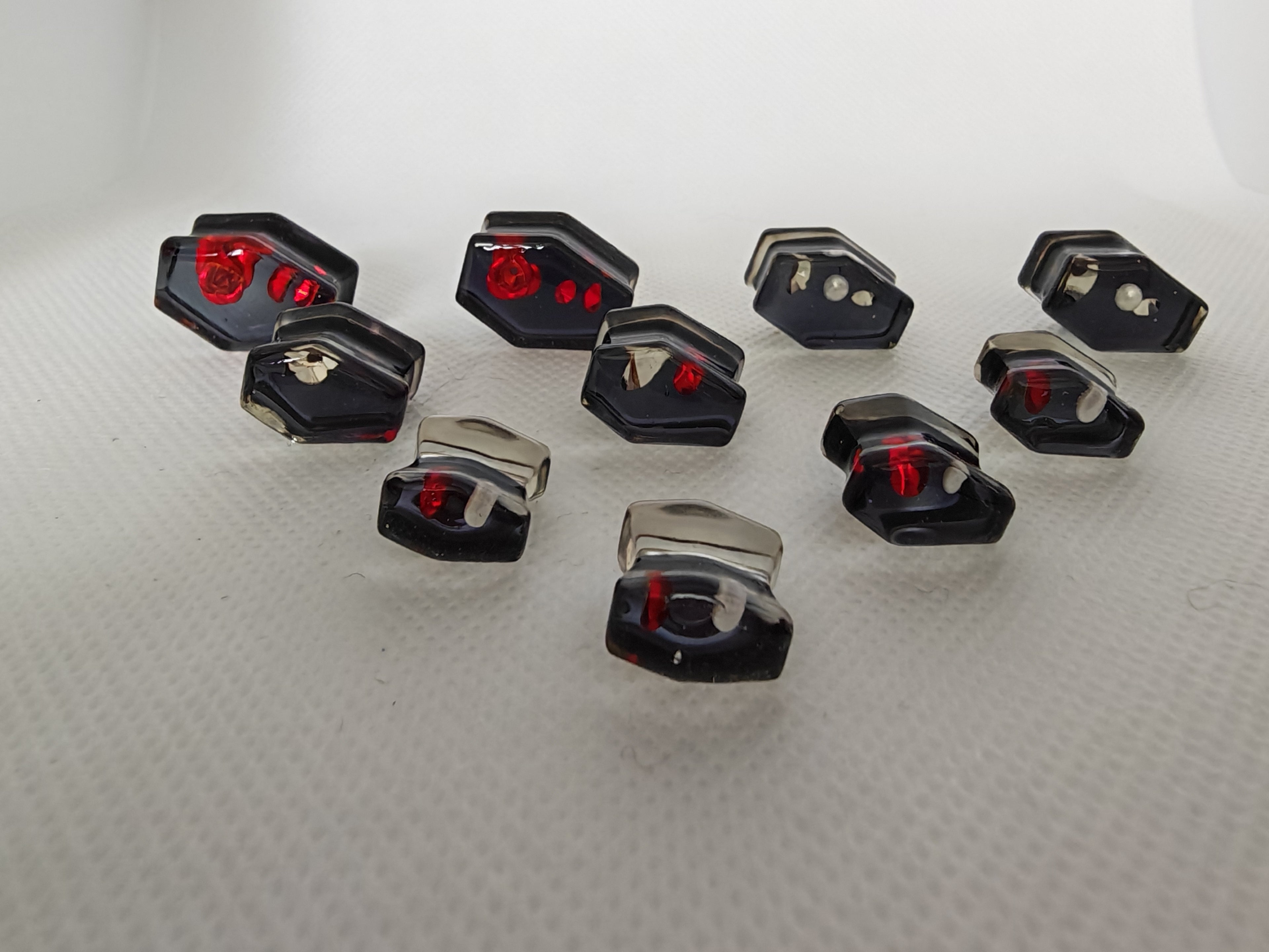 Gothic Coffin Ear Gauges: Black Resin Plugs with Red Rose & Rhinestones