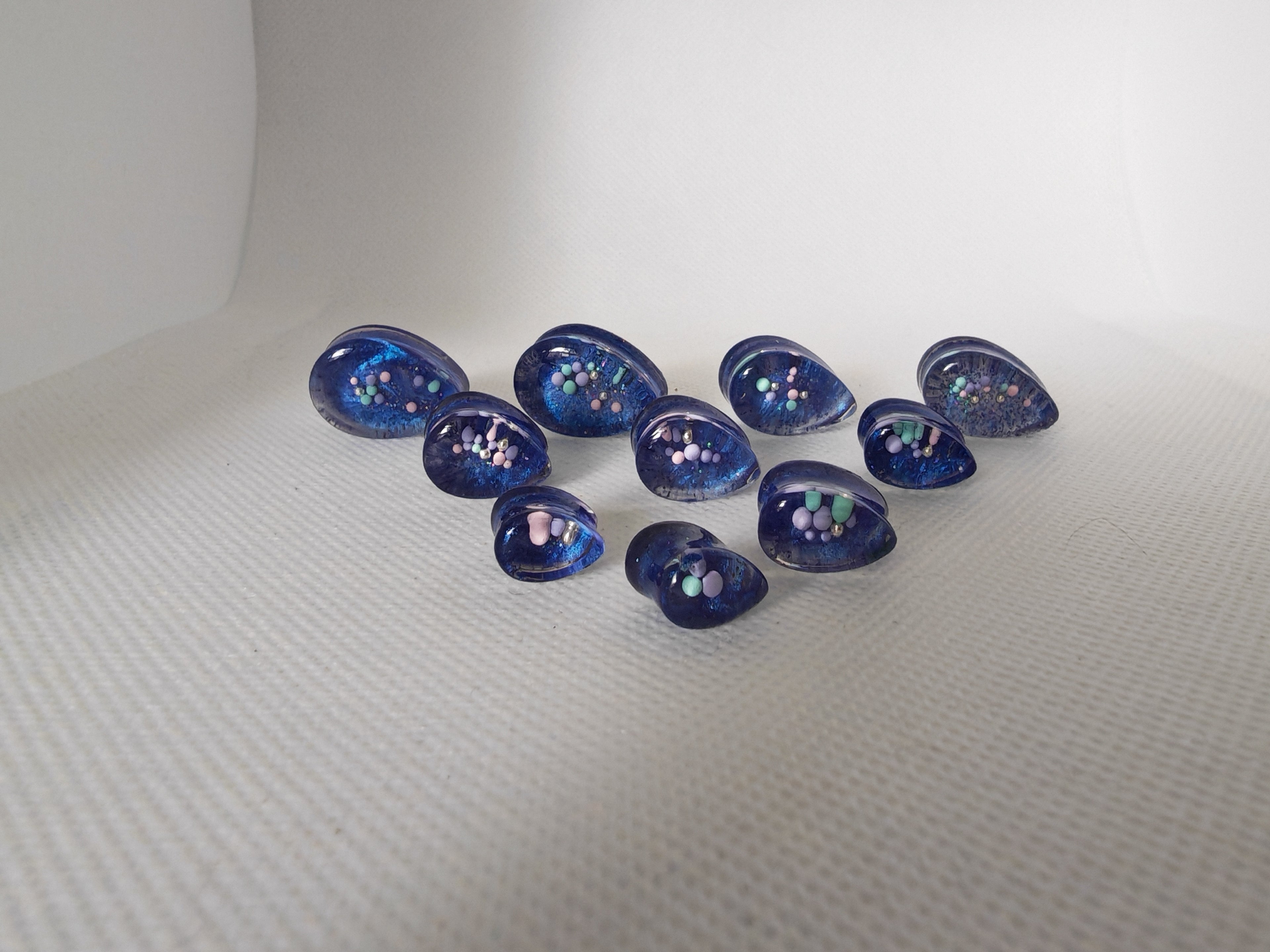 Teardrop Resin Ear Gauges- Blue with Pastel Balls, Handmade Cosmic Plugs