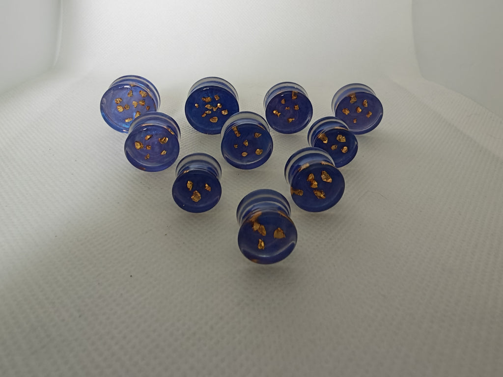 Gold Glass Shard Resin Ear Plugs: Handmade Blue UV Gauges
