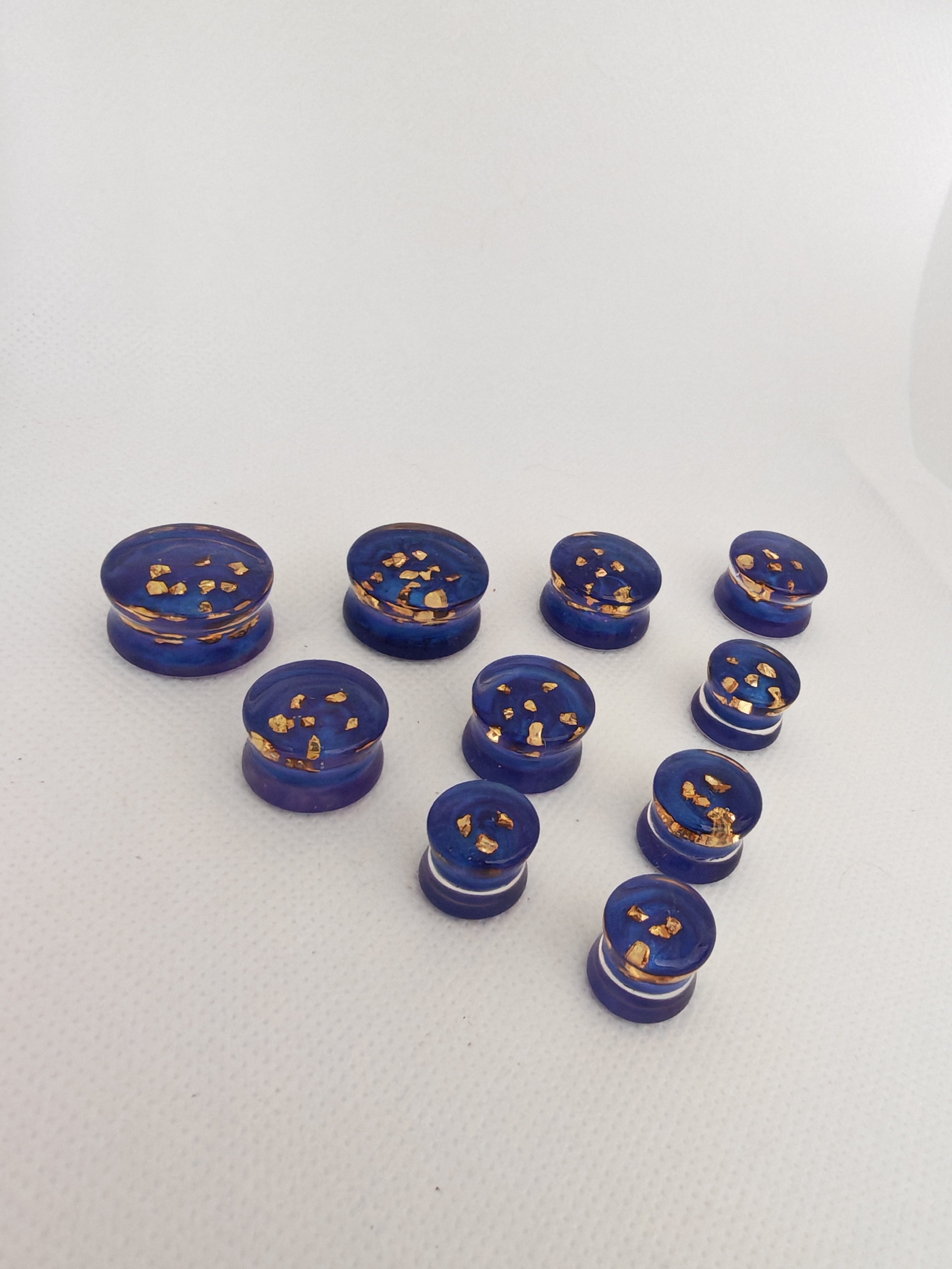 Gold Glass Shard Resin Ear Plugs: Handmade Blue UV Gauges