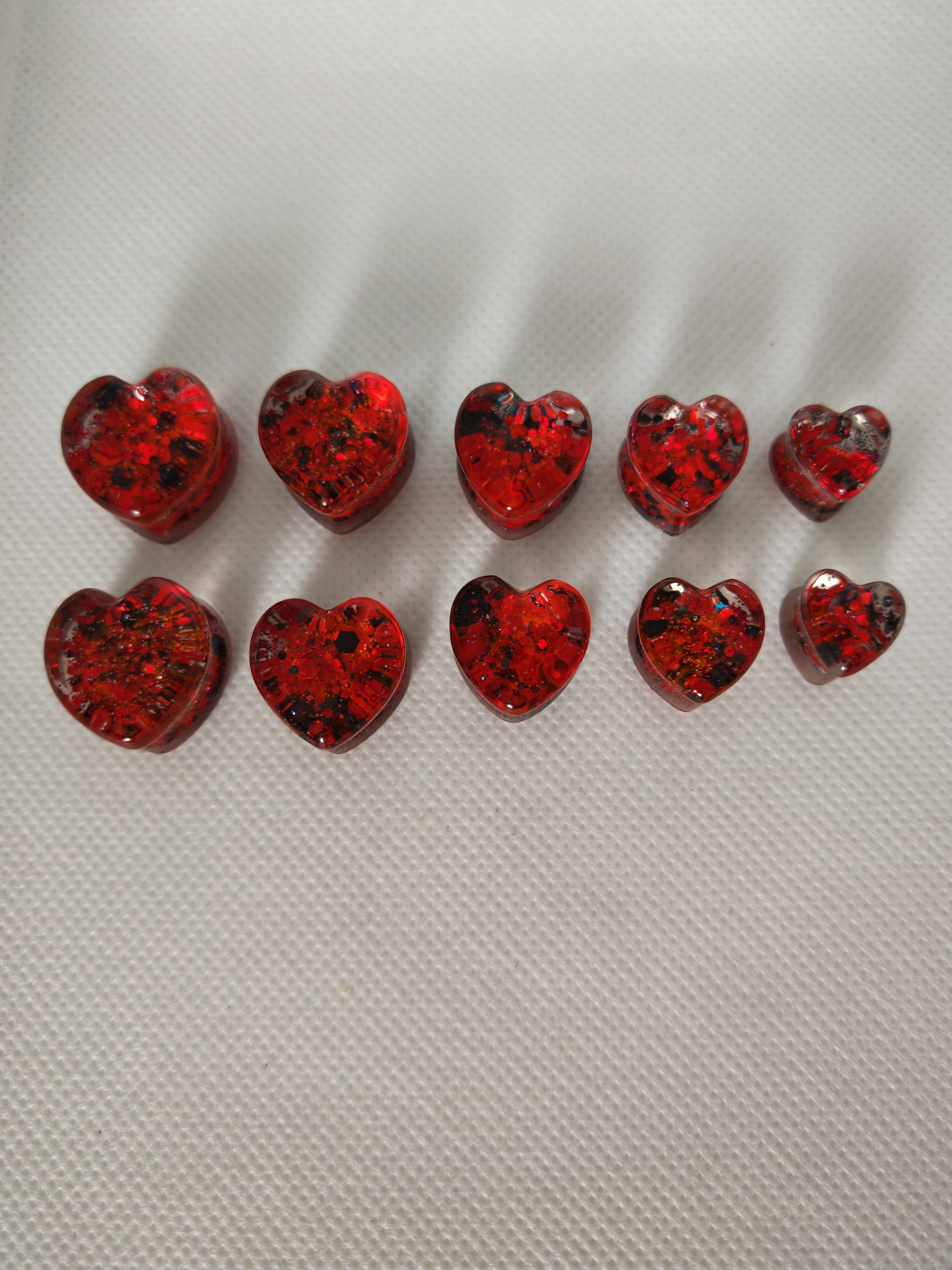 Red & Black Glitter Heart Ear Tunnels: Handmade Resin Gauges