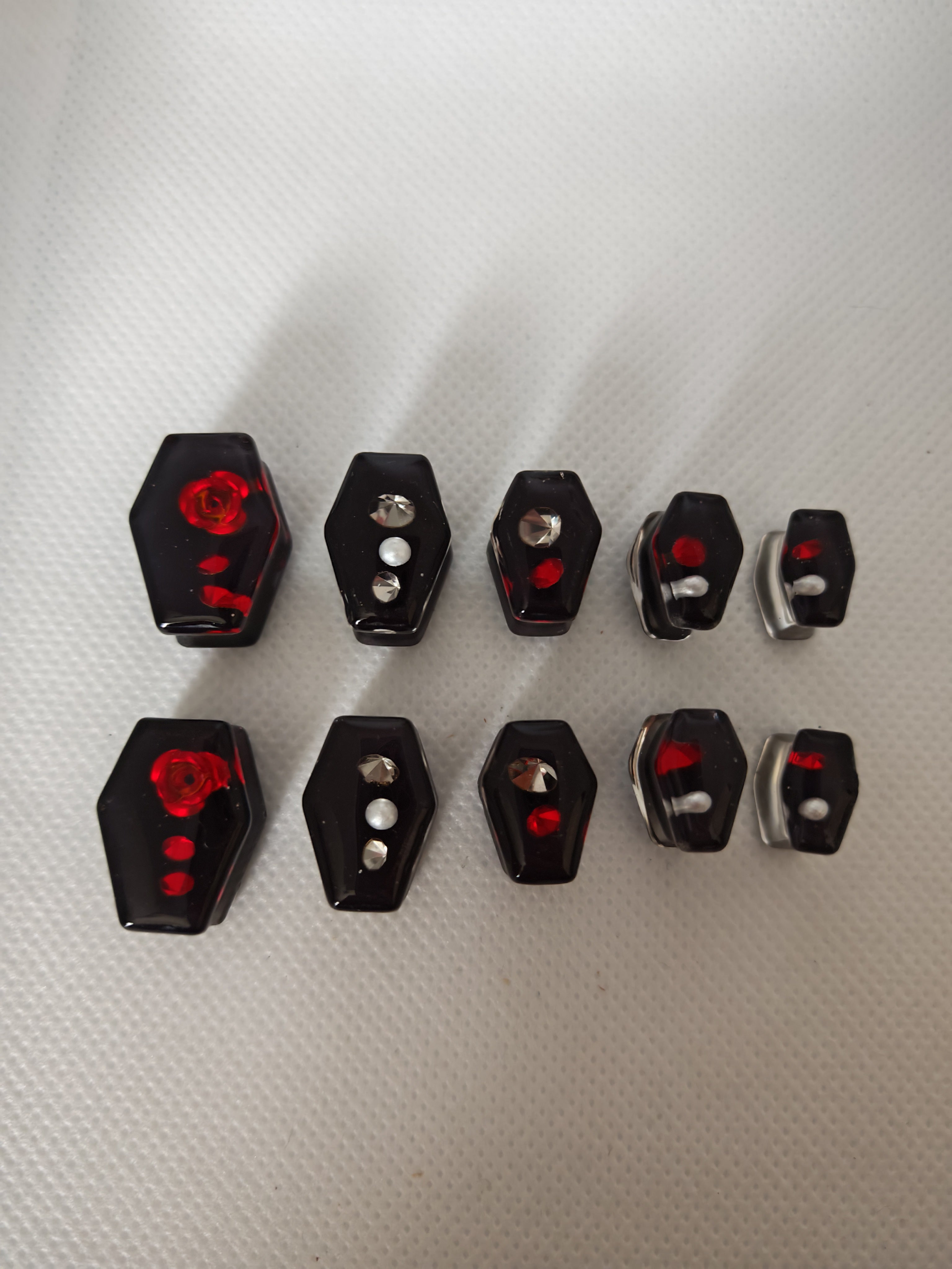 Gothic Coffin Ear Gauges: Black Resin Plugs with Red Rose & Rhinestones
