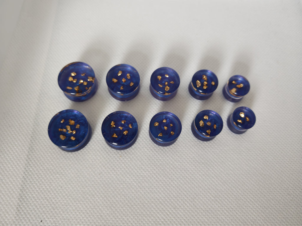 Gold Glass Shard Resin Ear Plugs: Handmade Blue UV Gauges