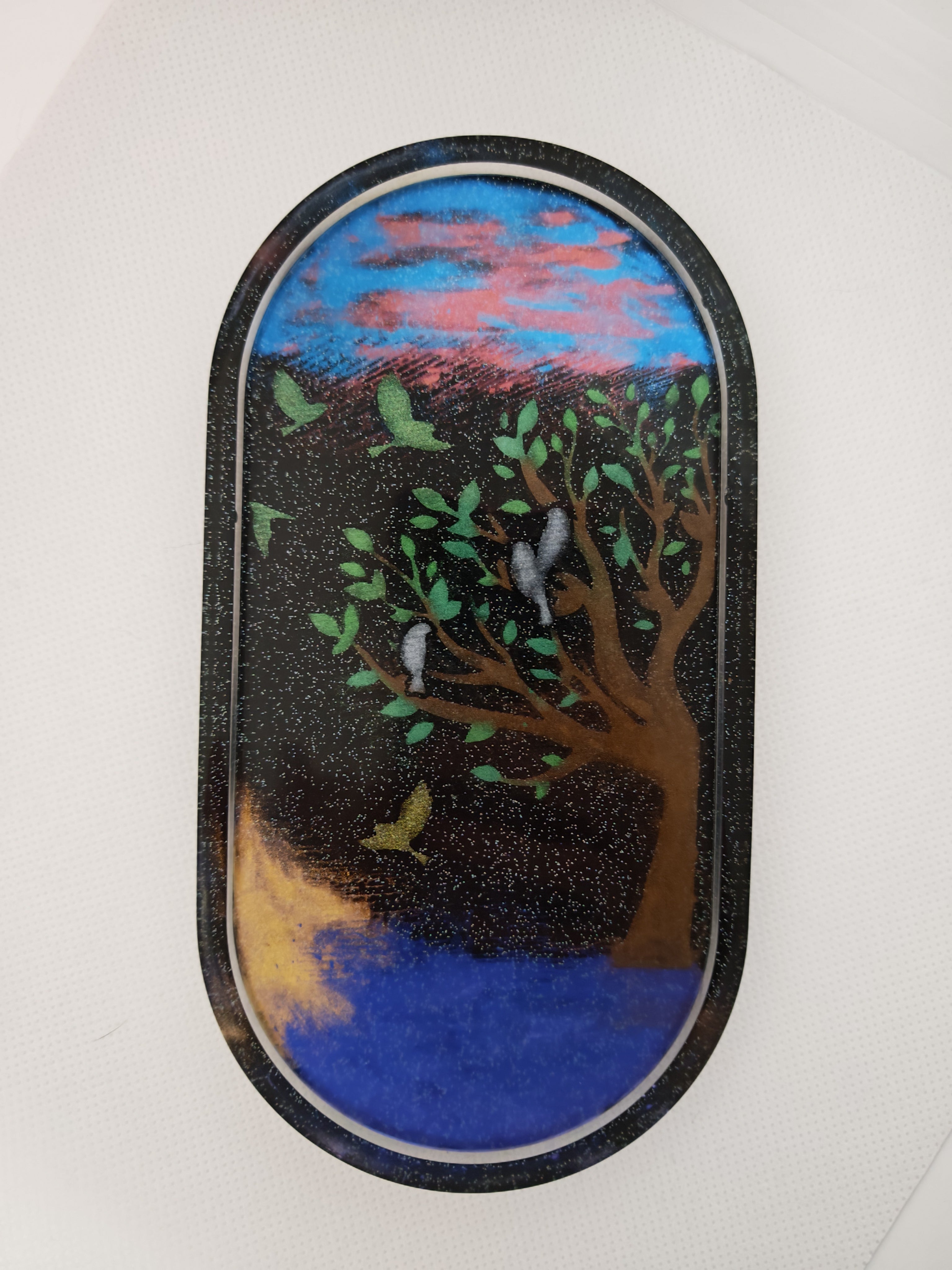 Night Forest Resin Tray: Tree with Birds Jewelry Dish, Nature Decor