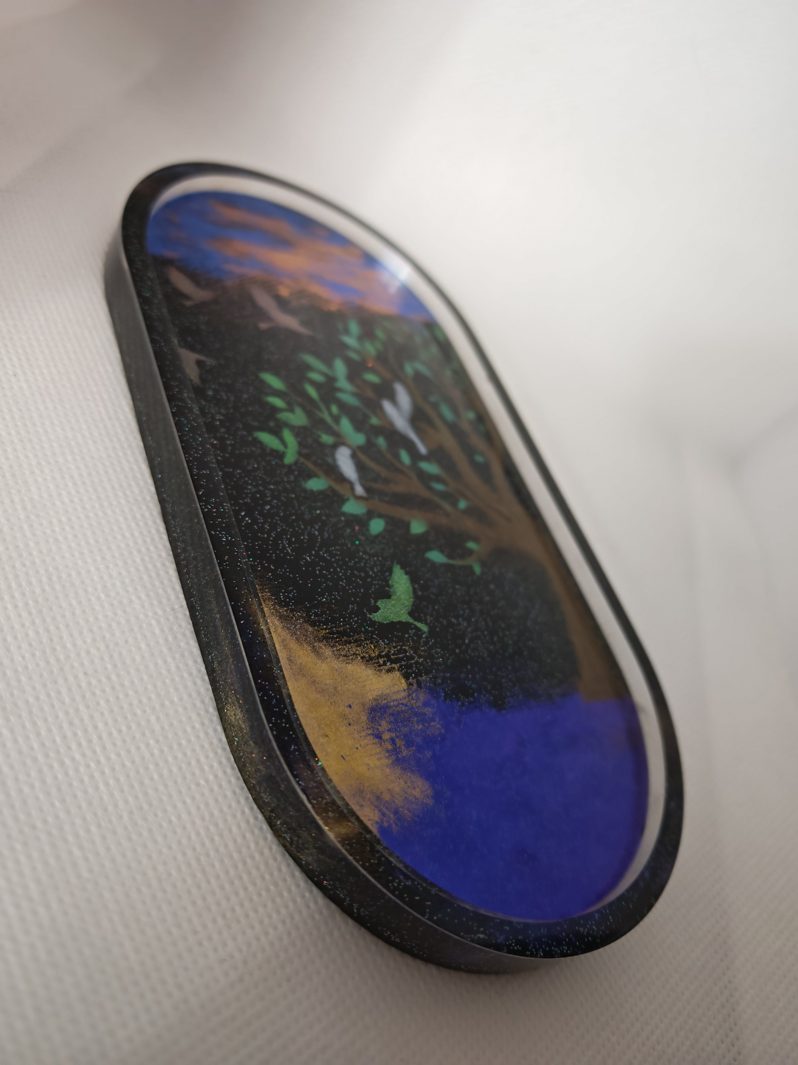 Night Forest Resin Tray: Tree with Birds Jewelry Dish, Nature Decor