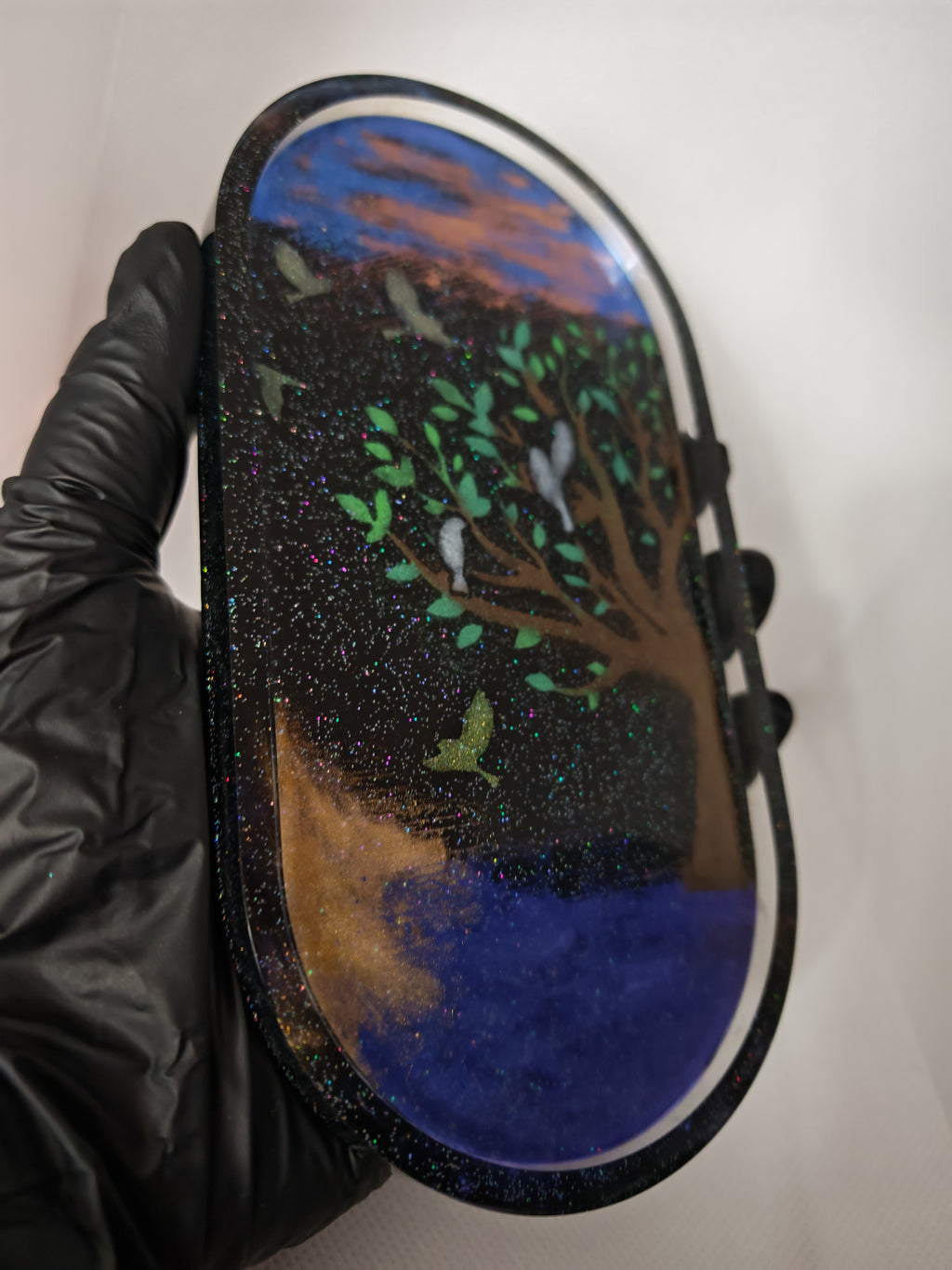 Night Forest Resin Tray: Tree with Birds Jewelry Dish, Nature Decor