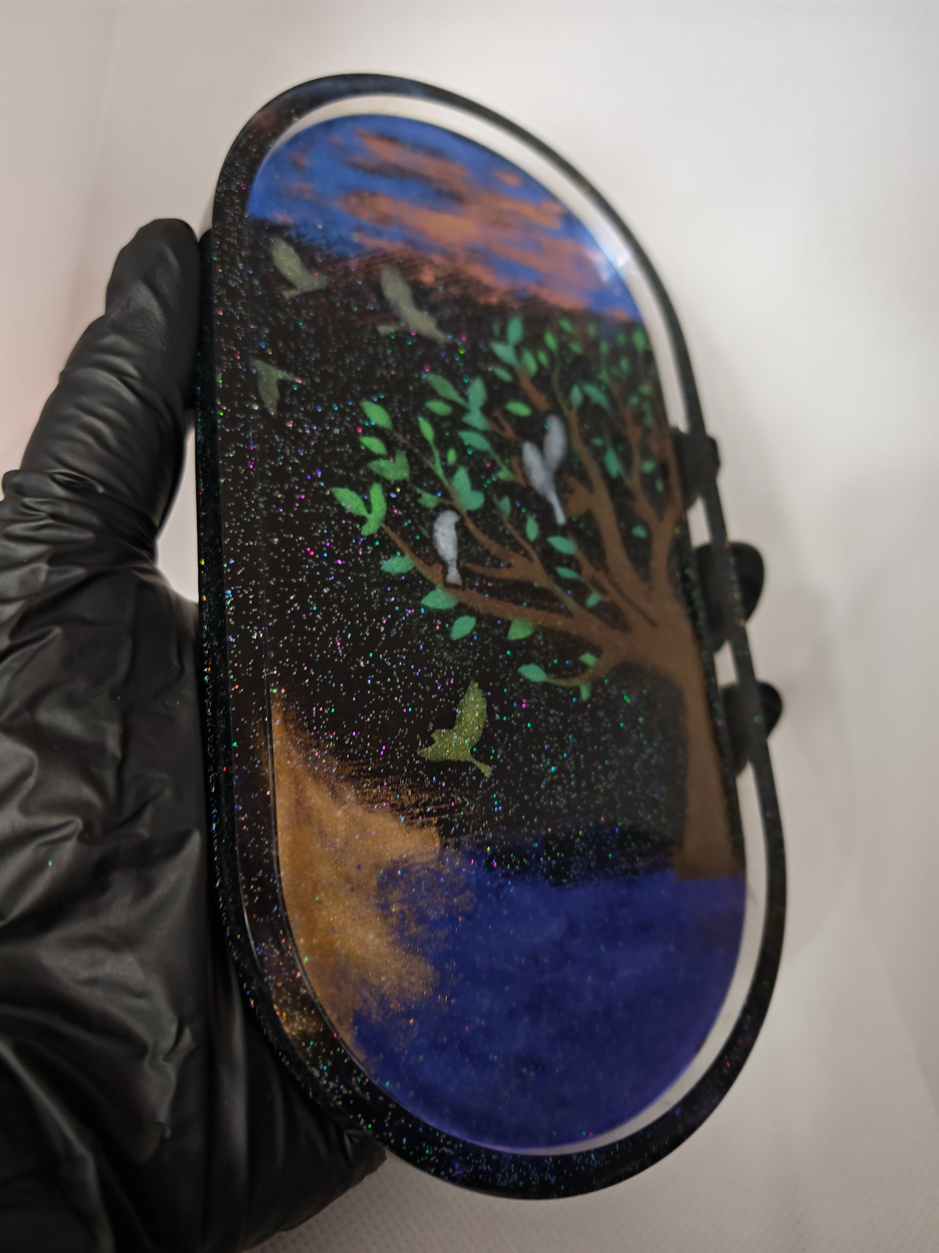 Night Forest Resin Tray: Tree with Birds Jewelry Dish, Nature Decor