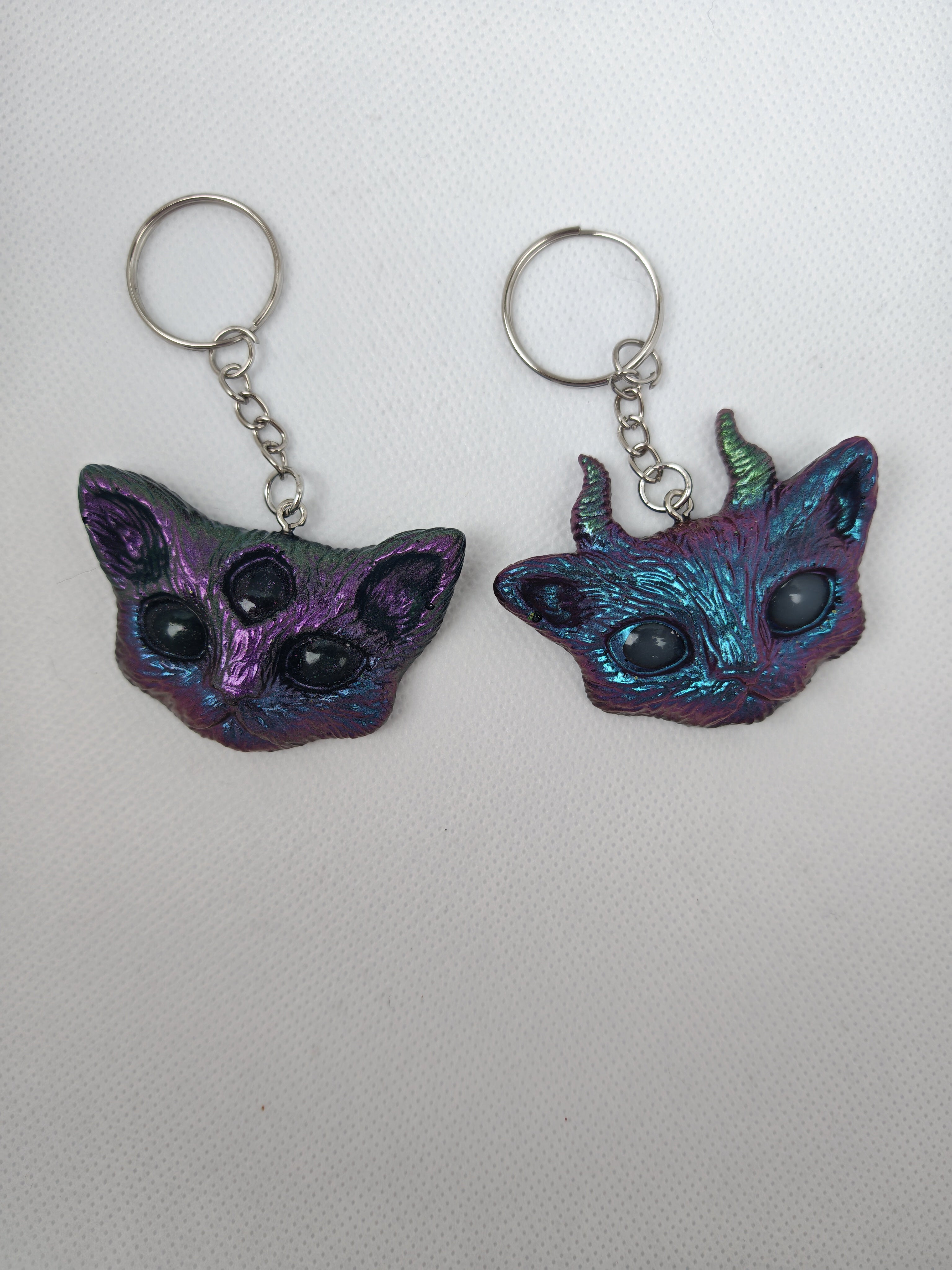 Gothic Cat Keyring Set: Horned and Third Eye Demon Cats- Handmade resin Duo-Unique Devil Cat gift