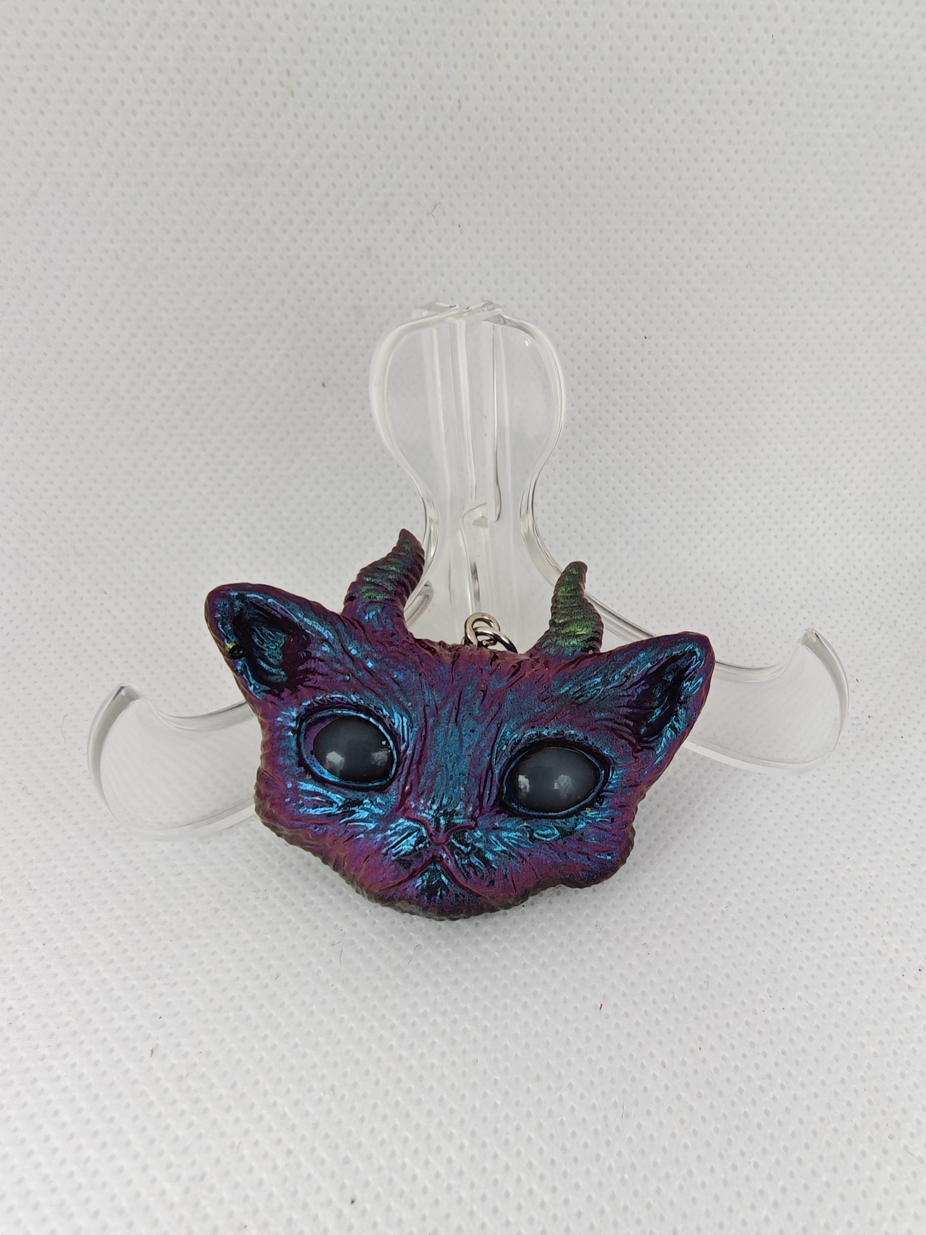 Gothic Cat Keyring Set: Horned and Third Eye Demon Cats- Handmade resin Duo-Unique Devil Cat gift