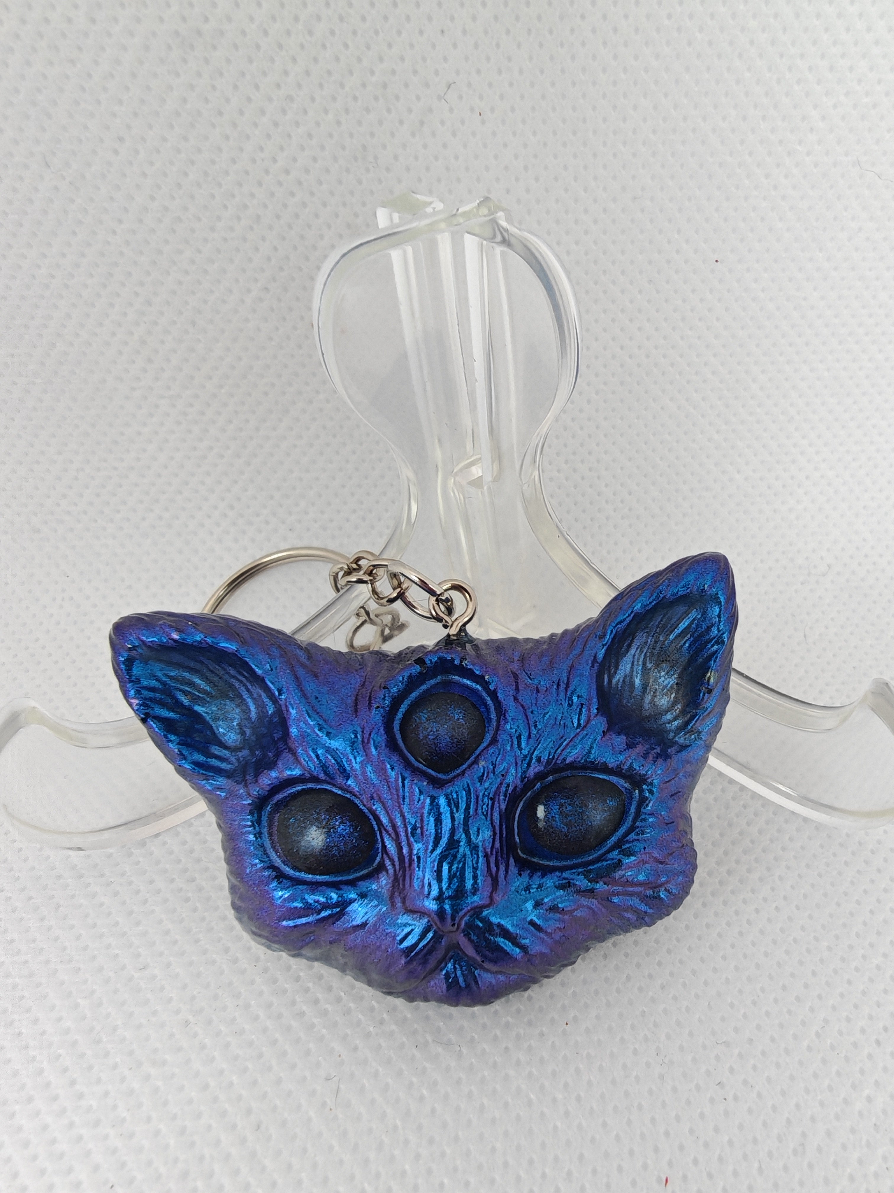 Gothic Cat Keyring Set: Horned and Third Eye Demon Cats- Handmade resin Duo-Unique Devil Cat gift