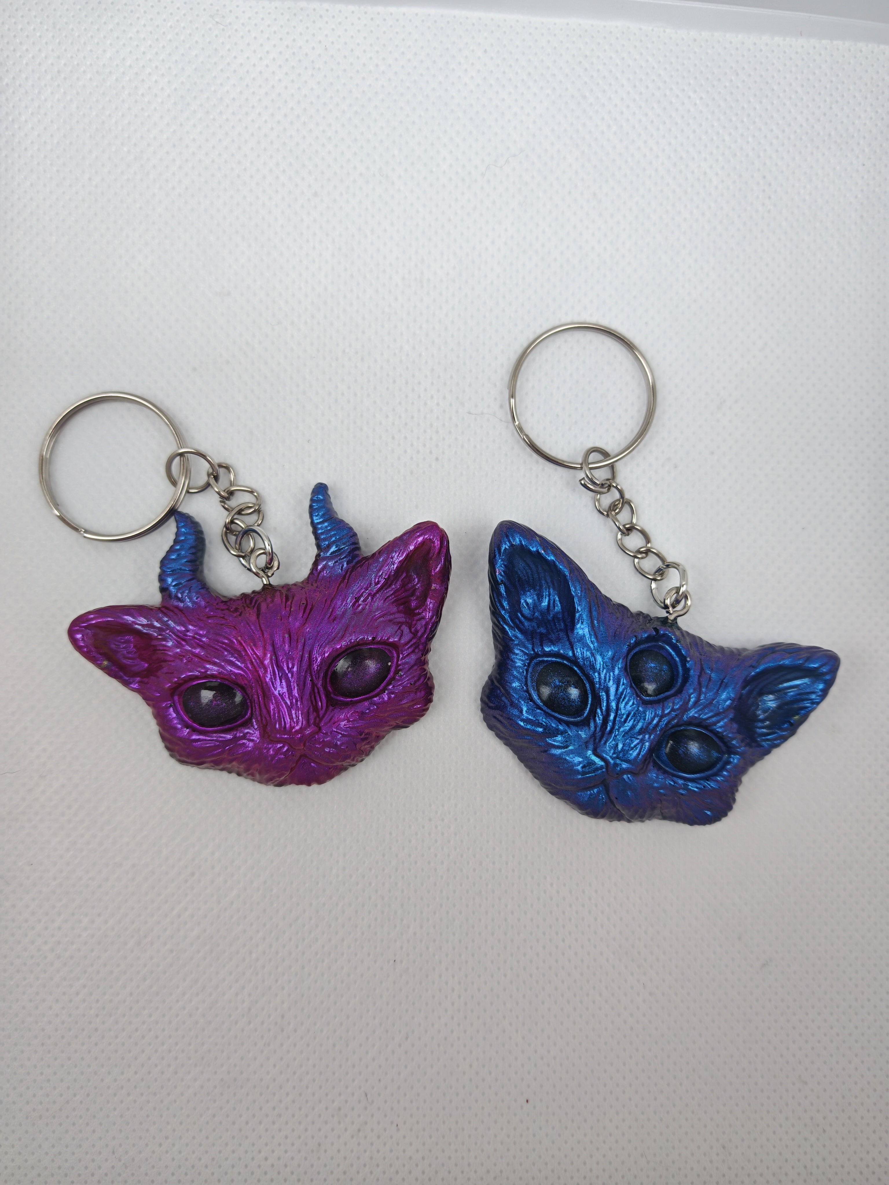 Gothic Cat Keyring Set: Horned and Third Eye Demon Cats- Handmade resin Duo-Unique Devil Cat gift