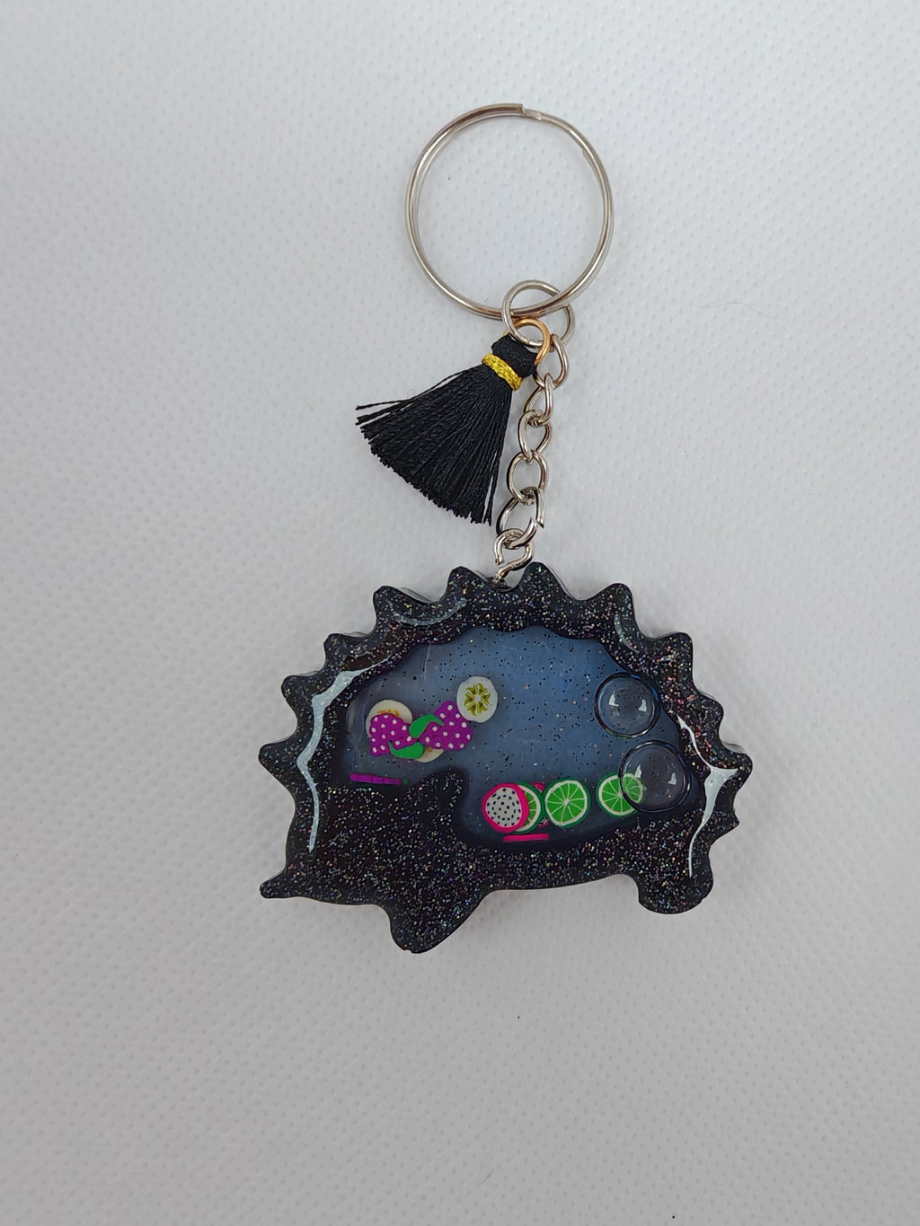 Black Glitter Hedgehog Resin Shaker Keyring: Fruit Slice Liquid Core Charm