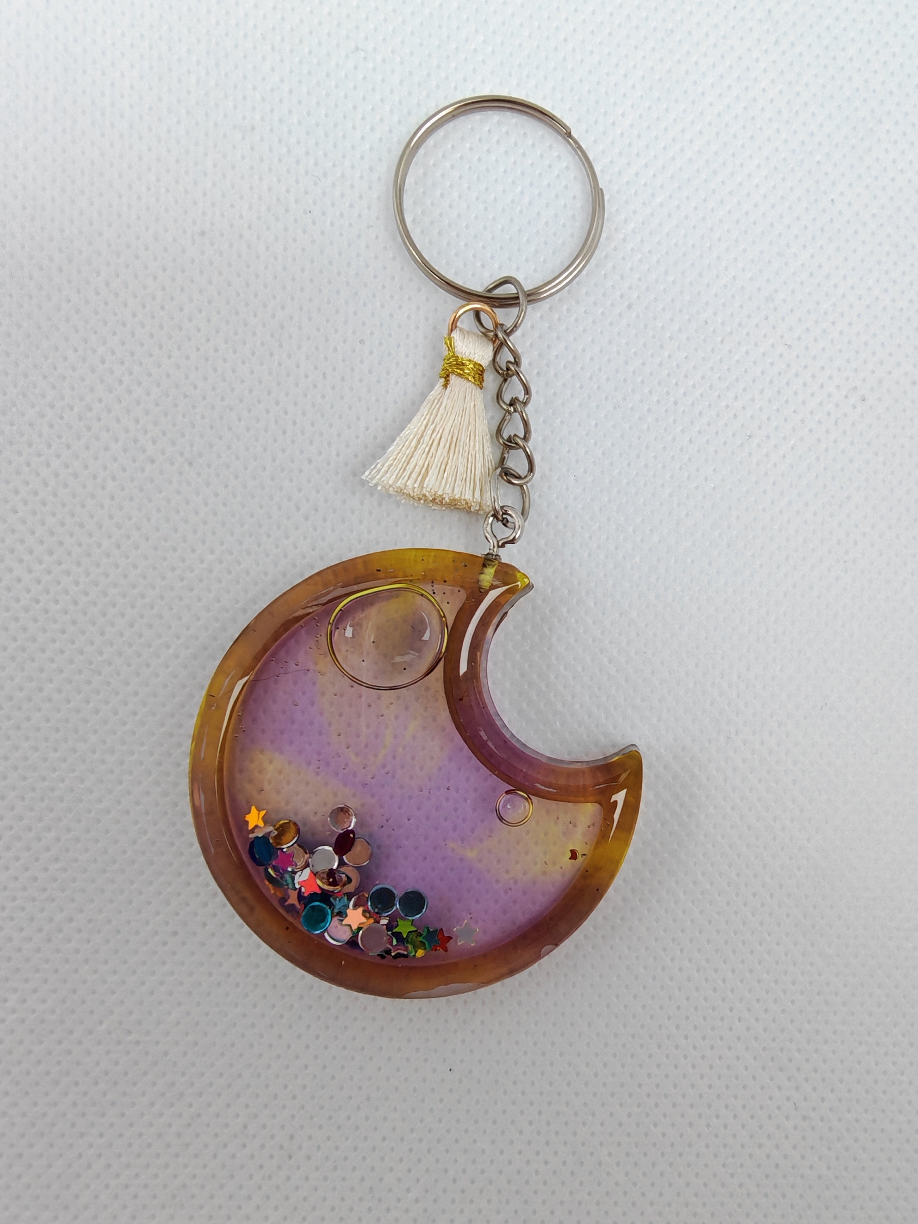 Crescent Moon Resin Keychain: Glitter Star Shaker, Pastel Tassel Charm