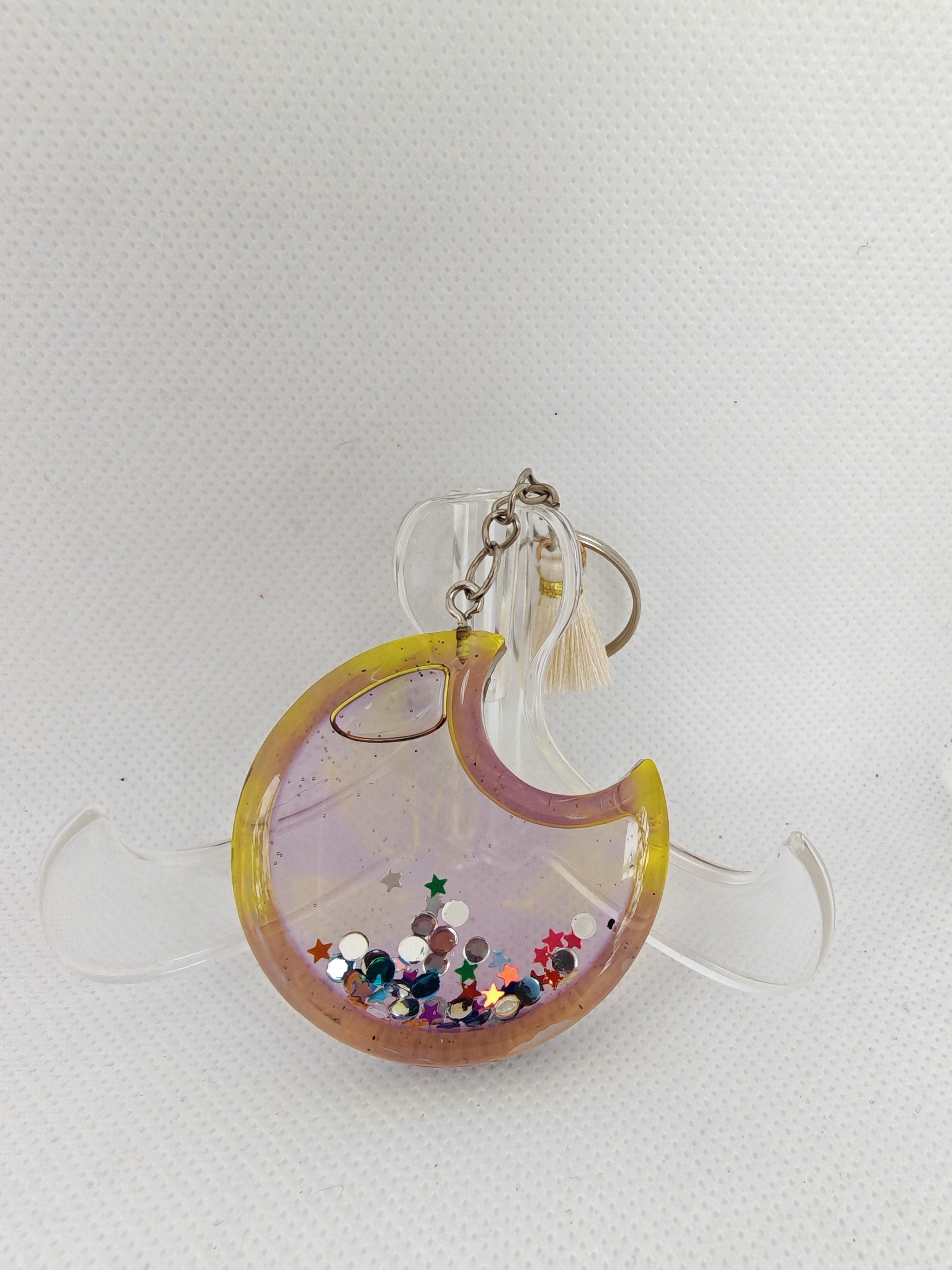 Crescent Moon Resin Keychain: Glitter Star Shaker, Pastel Tassel Charm