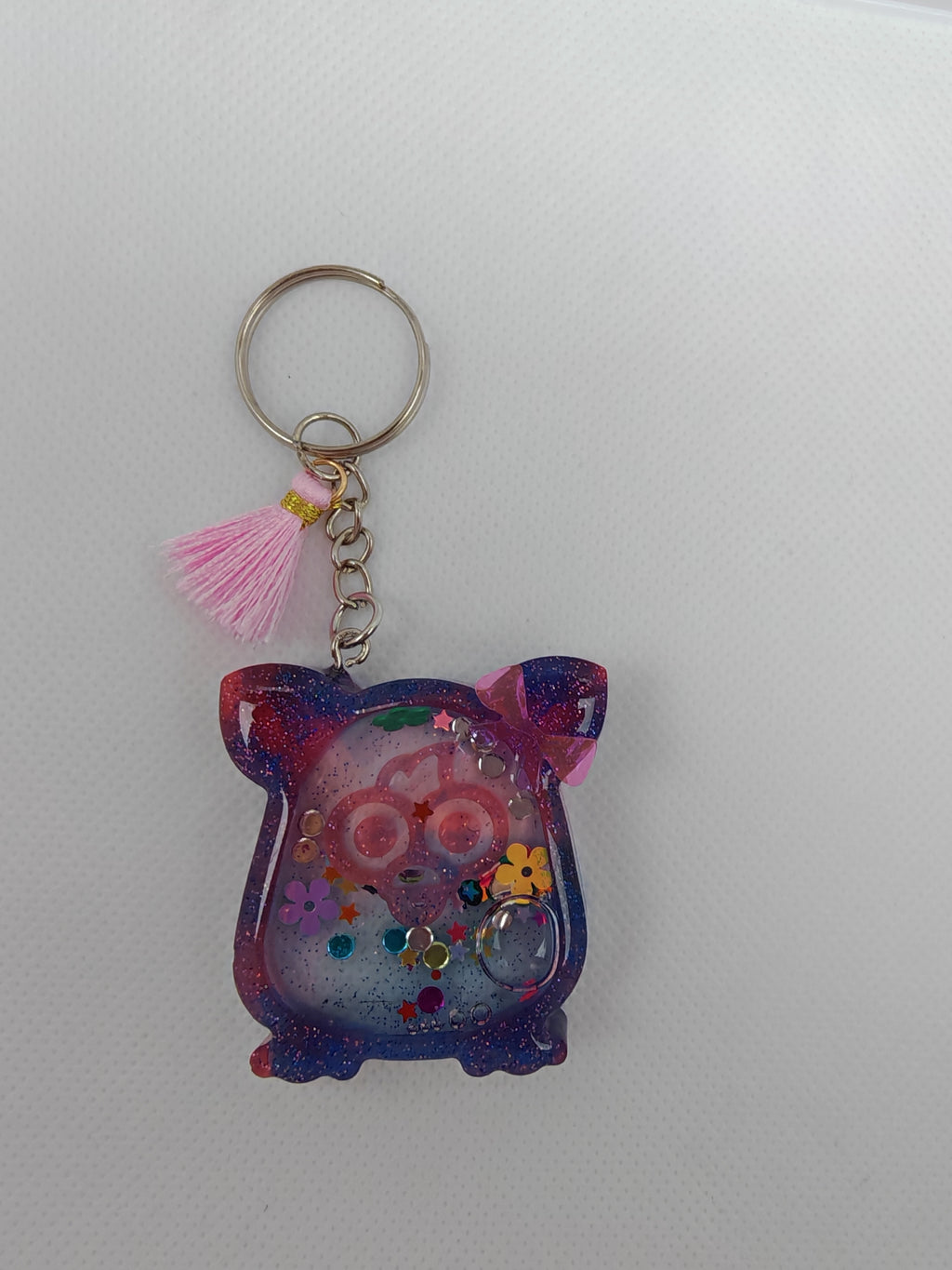 Kawaii Galaxy Shaker Keyring: Glitter Resin Furby Charm with Bow & Tassel