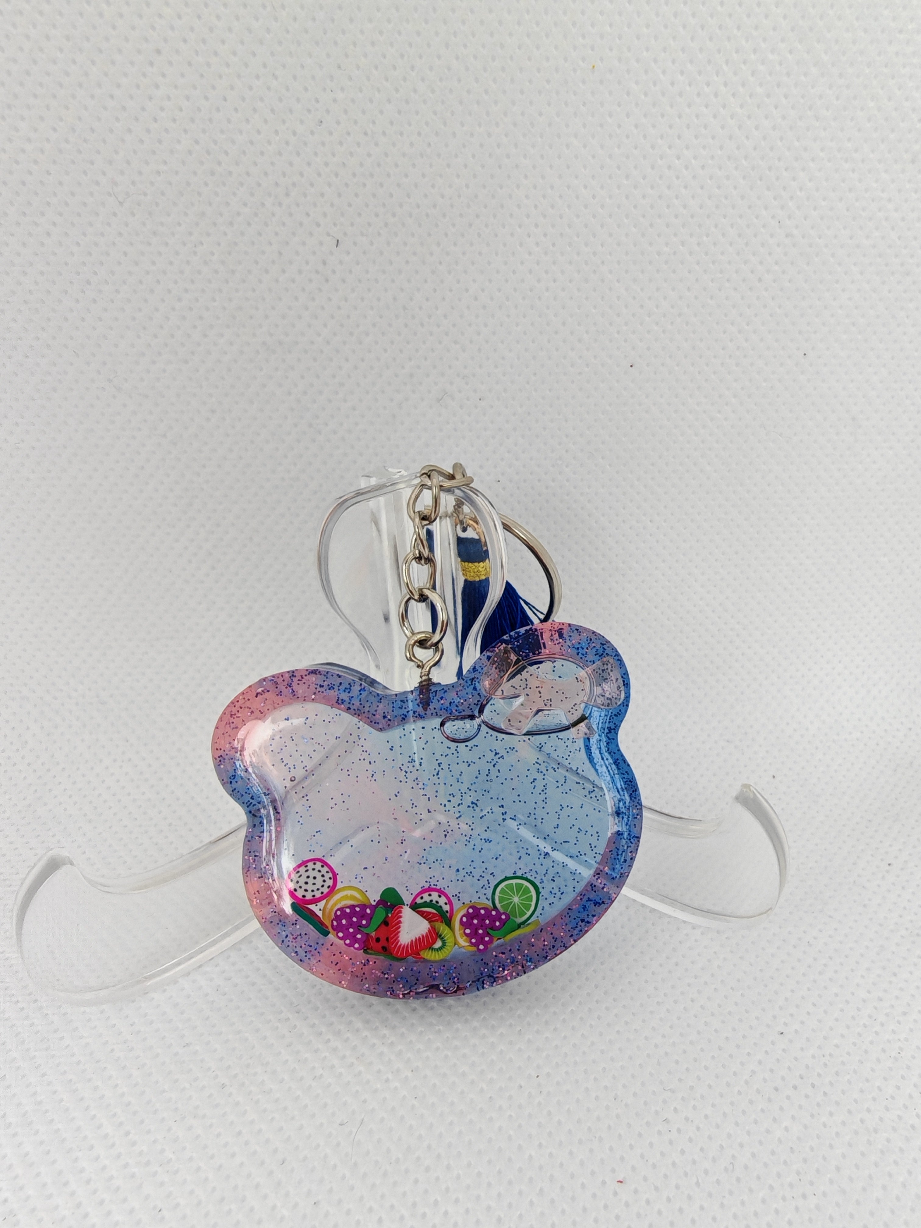 Galaxy Bear Shaker Keychain: Kawaii Resin Charm with Floating Fruit