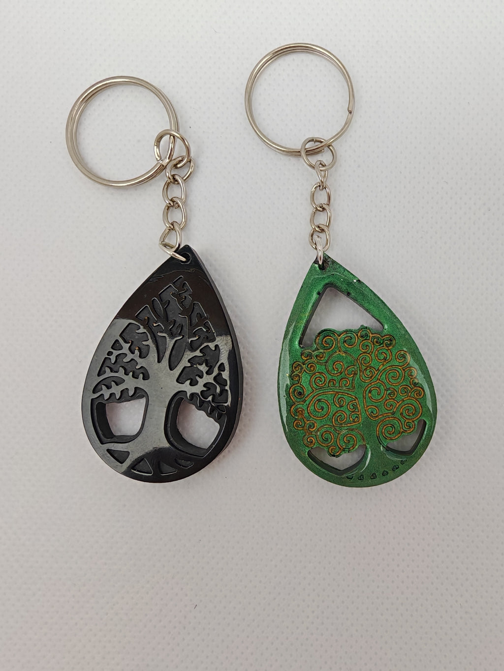 Tree of Life Keyring Set: Black & Celtic Green Resin Charms- Pagan Spiritual Gift
