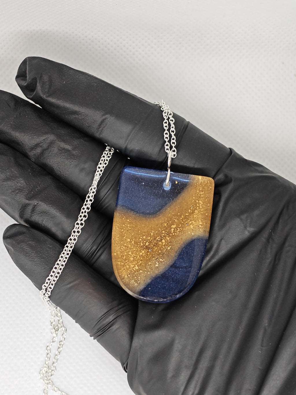 Ocean Sand Dune Resin Necklace: Handmade Blue Gold Wave Pendant