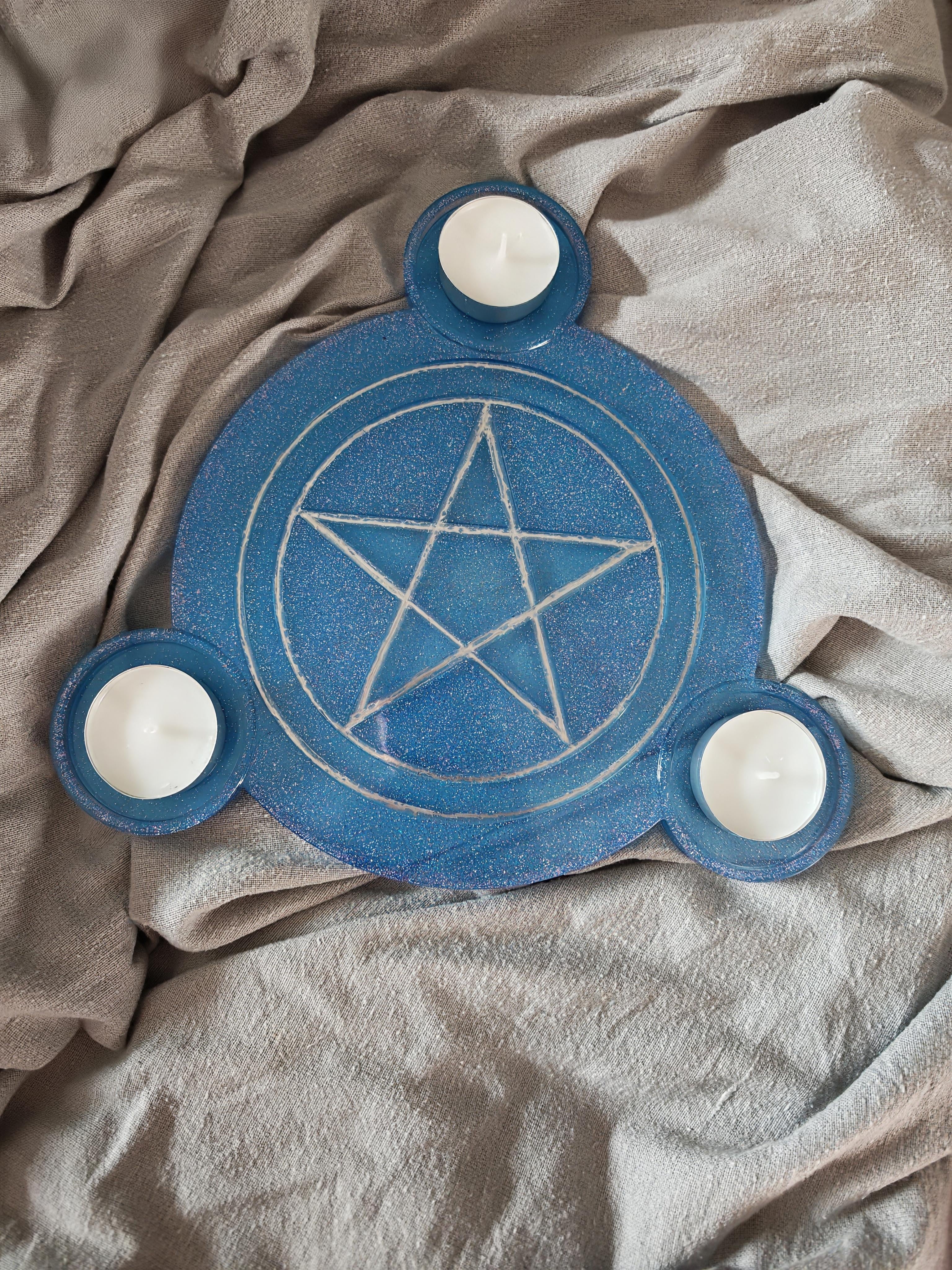 Pentagram Candle Holder: Witchcraft Handmade Resin, Wiccan Altar Decor, Pagan Triple Goddess