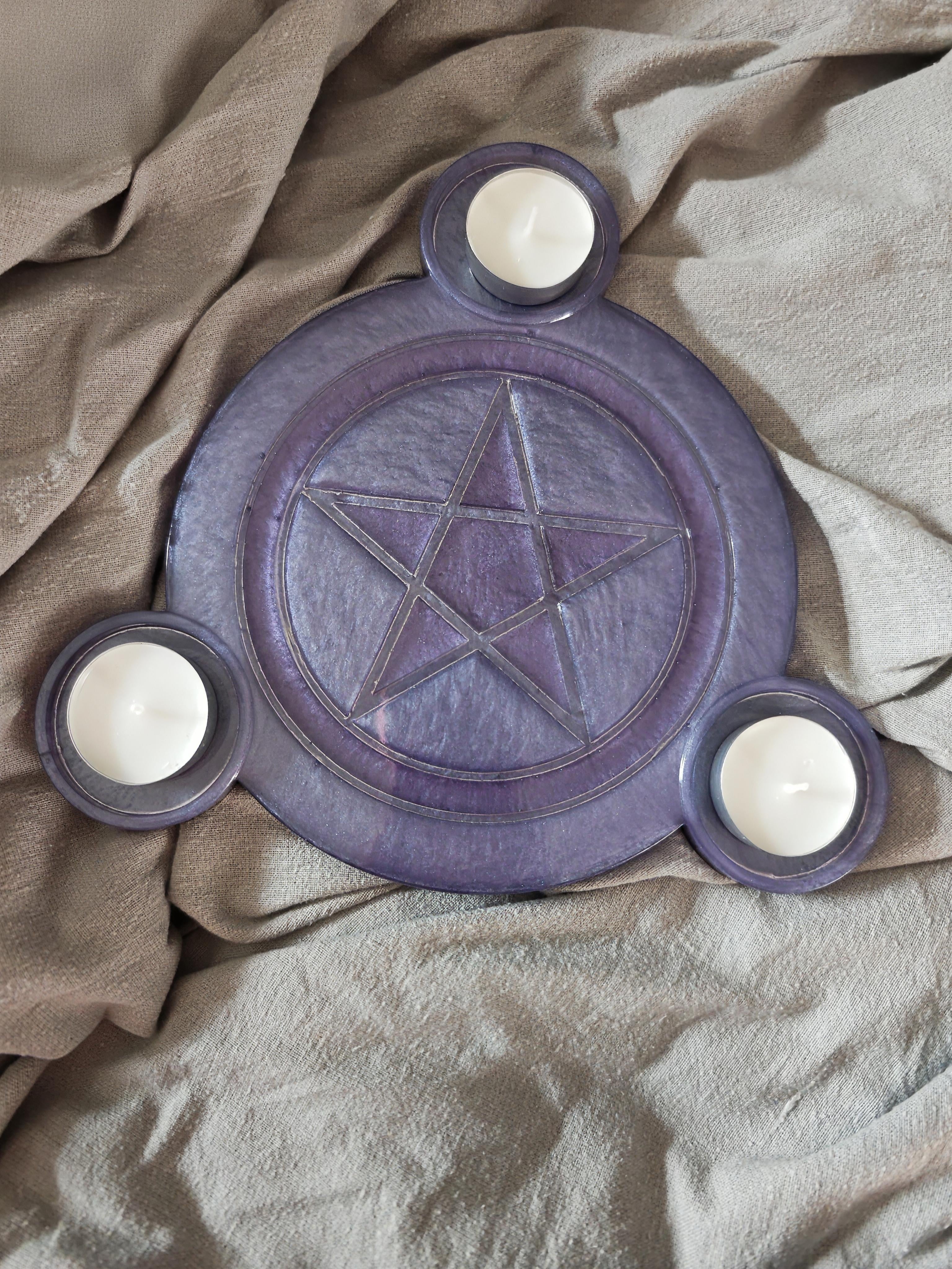 Pentagram Candle Holder: Witchcraft Handmade Resin, Wiccan Altar Decor, Pagan Triple Goddess