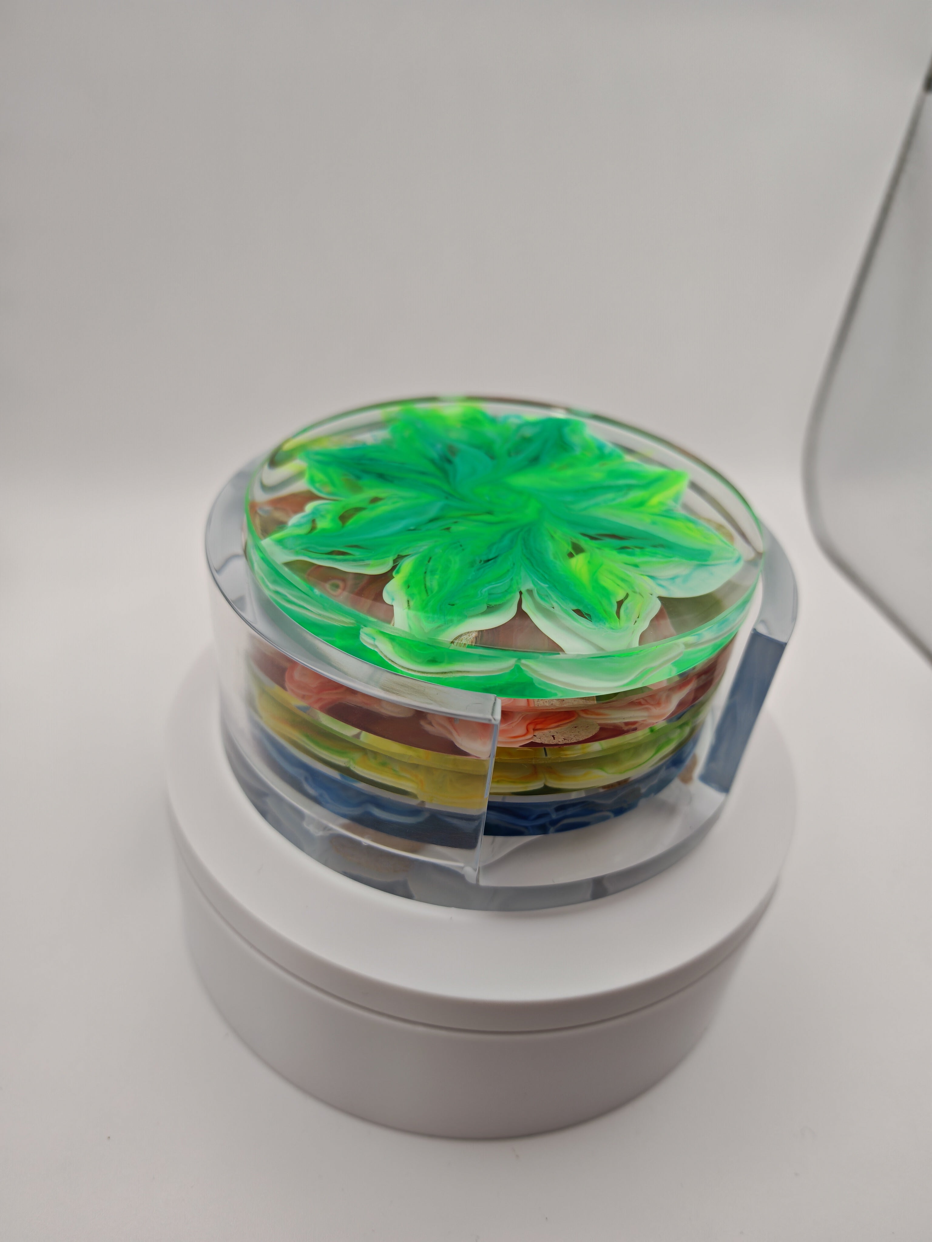 Floral Resin Coaster Set: Colorful Flower Designs with White Bloom Stand