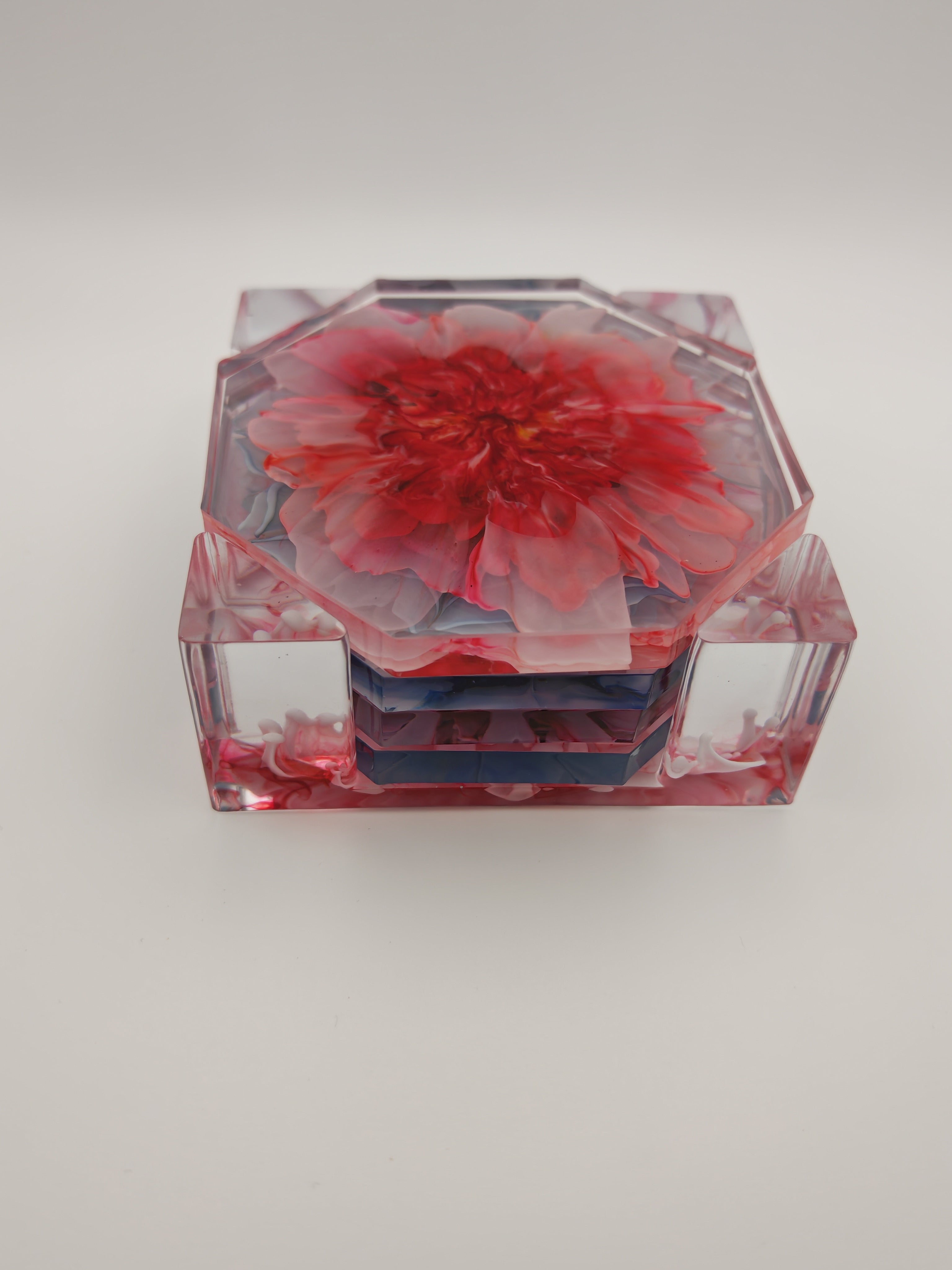 Resin Coaster Set with Holder: Double Sided Epoxy Art, Blooming Floral Design