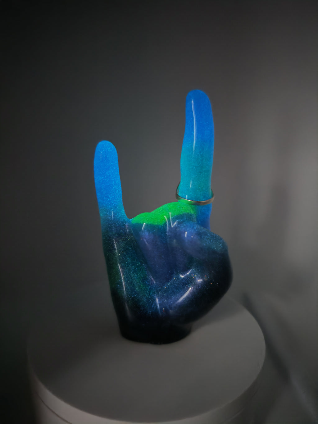 Glow-in-the-Dark Rock On Ring Holder: Handmade Resin Devil Horns Jewelry Display