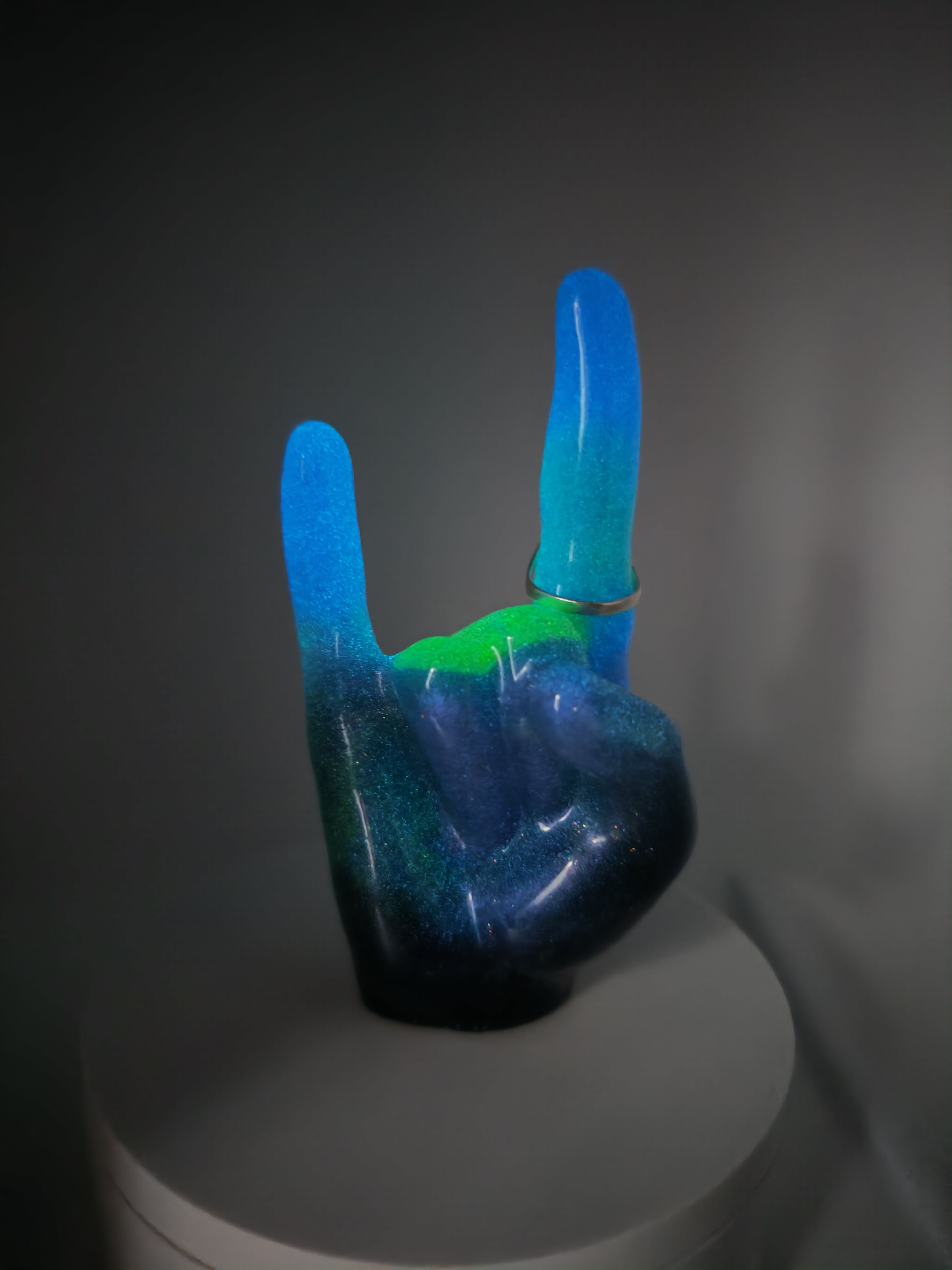 Glow-in-the-Dark Rock On Ring Holder: Handmade Resin Devil Horns Jewelry Display