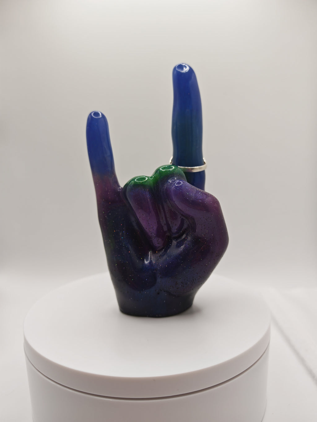Glow-in-the-Dark Rock On Ring Holder: Handmade Resin Devil Horns Jewelry Display