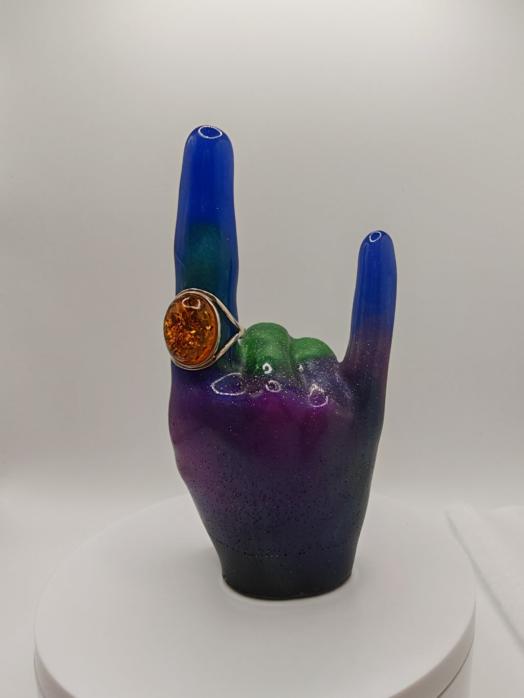 Glow-in-the-Dark Rock On Ring Holder: Handmade Resin Devil Horns Jewelry Display