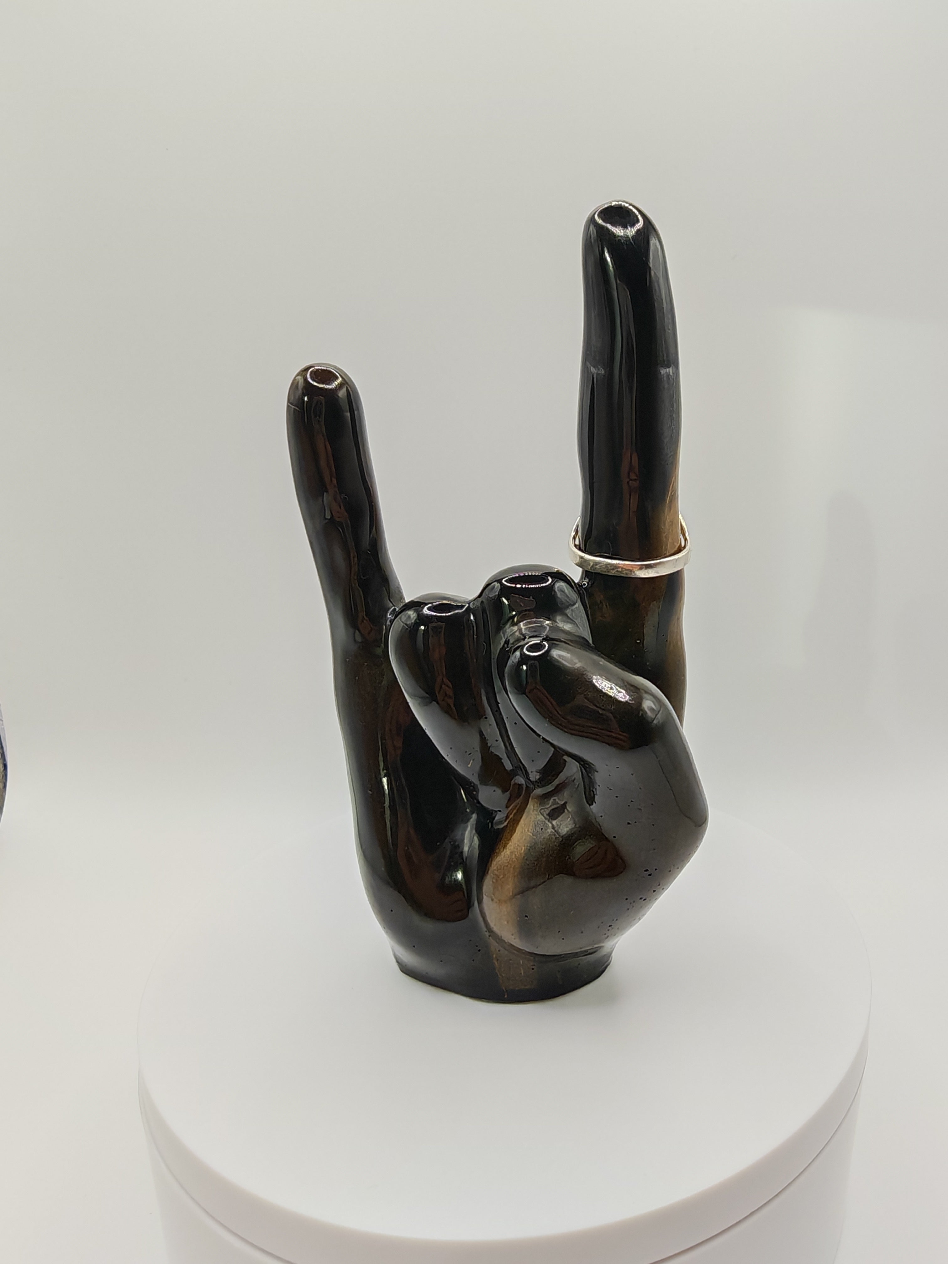 Devil Horns Ring Holder: Rock On, Black & Gold Handmade Resin, Gothic Jewelry Stand