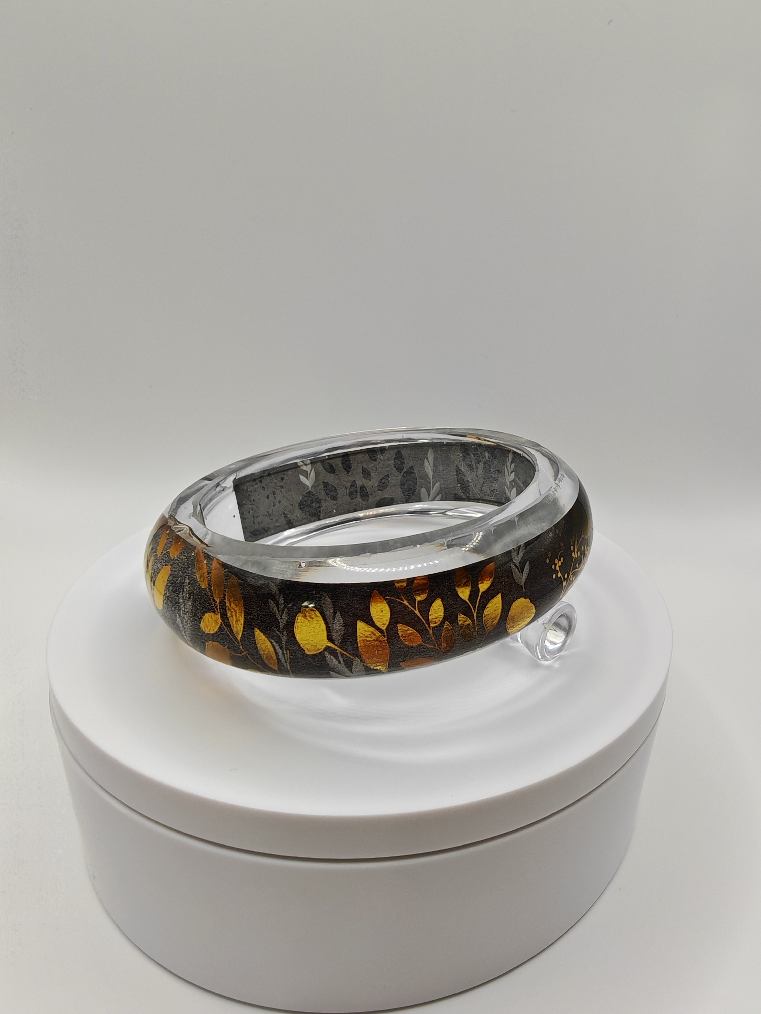 Resin Botanical Bangle: Gold & Black Leaf Cuff - Boho Hippie Jewelry