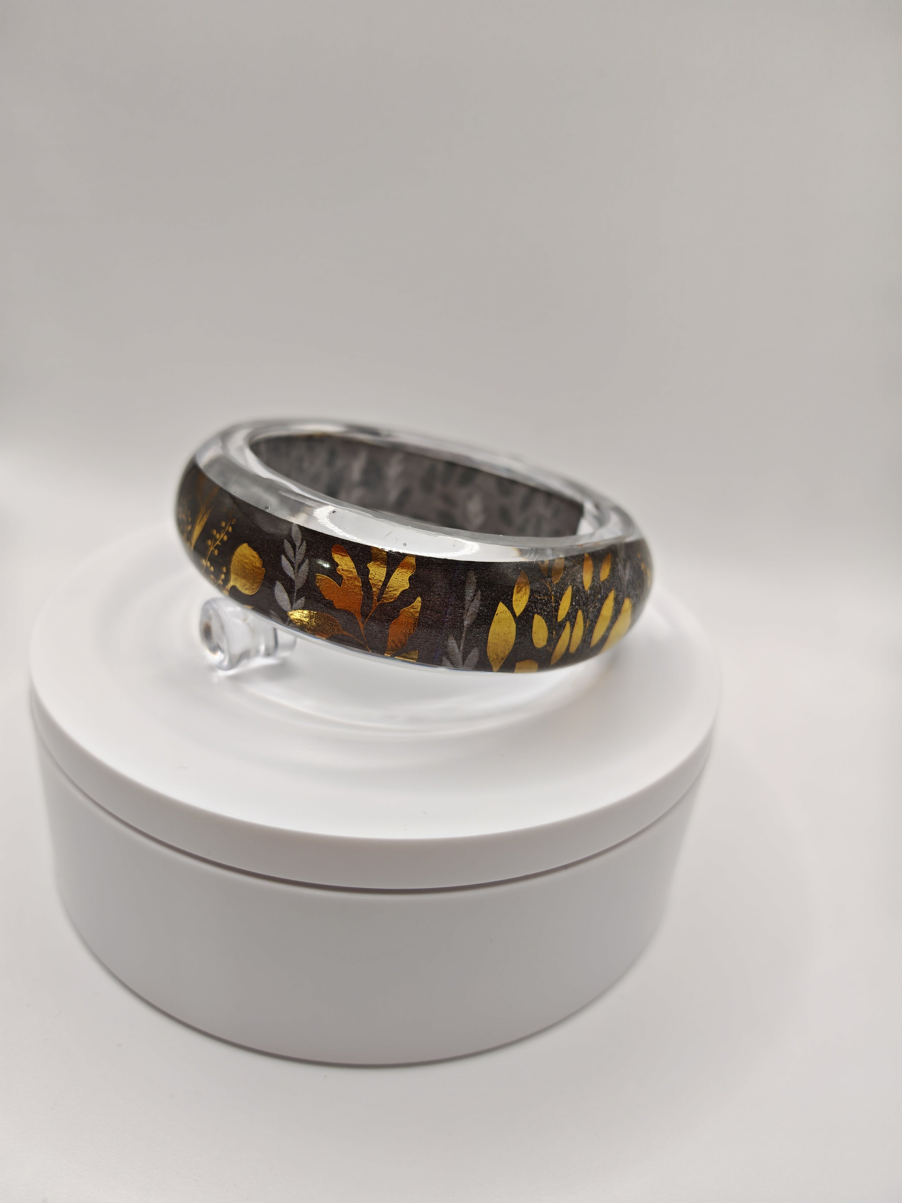 Resin Botanical Bangle: Gold & Black Leaf Cuff - Boho Hippie Jewelry
