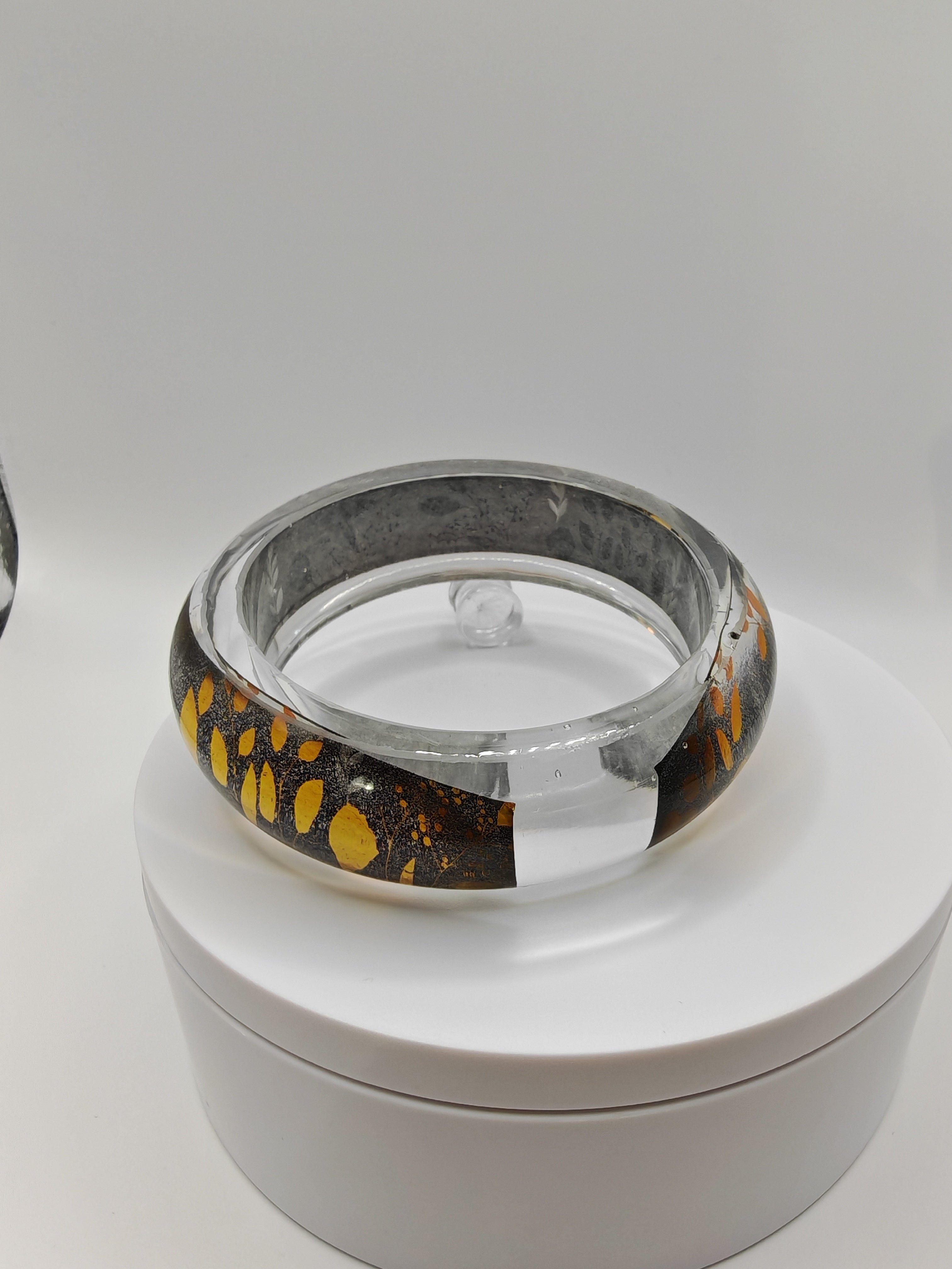 Resin Botanical Bangle: Gold & Black Leaf Cuff - Boho Hippie Jewelry