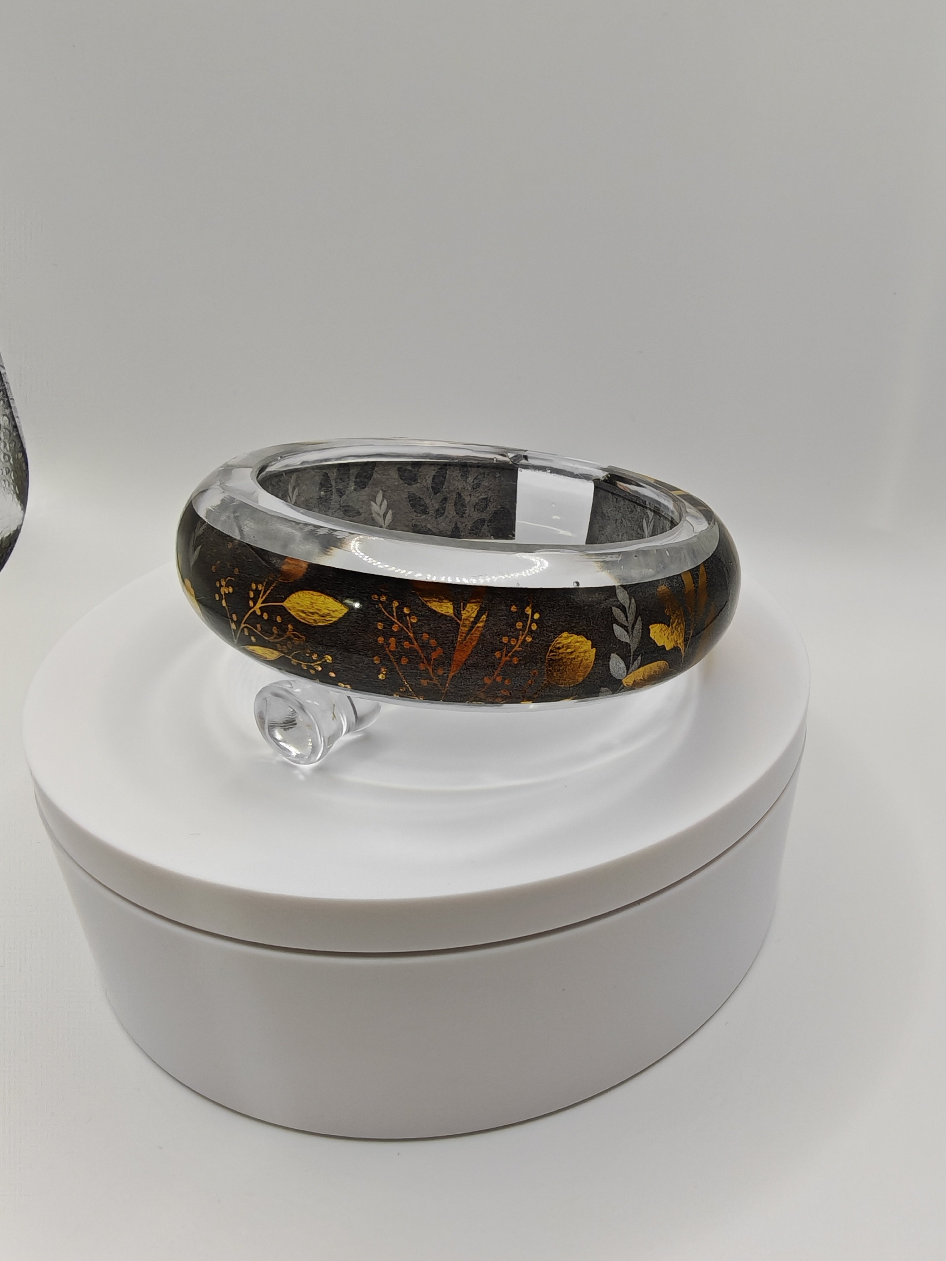 Resin Botanical Bangle: Gold & Black Leaf Cuff - Boho Hippie Jewelry