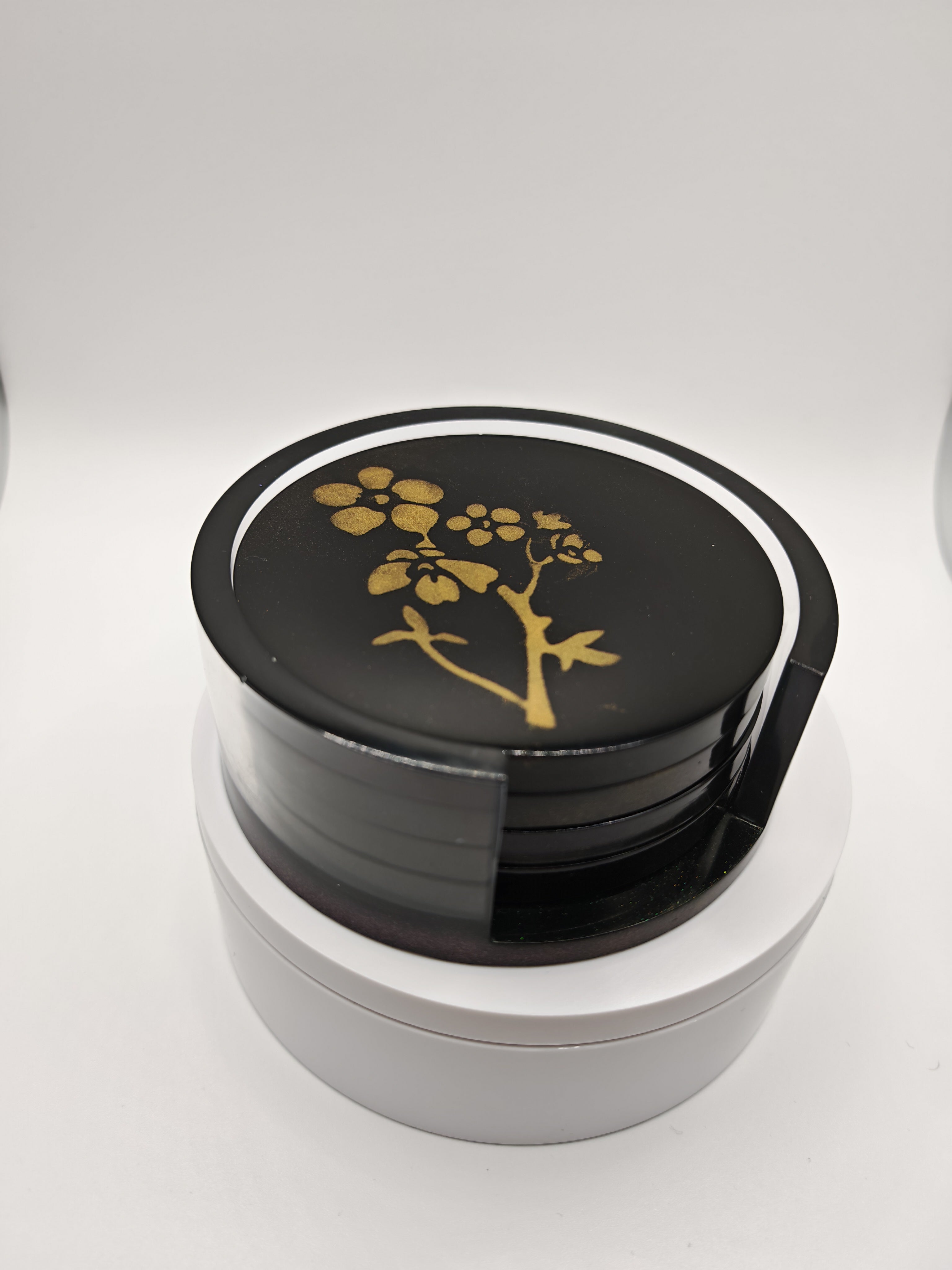 Black and Gold Resin Coaster and Tray Set: Handmade Nature Art Decor
