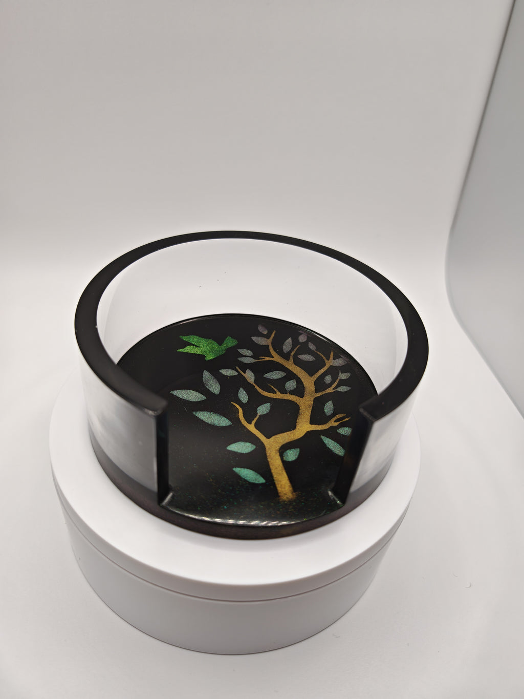 Black and Gold Resin Coaster and Tray Set: Handmade Nature Art Decor