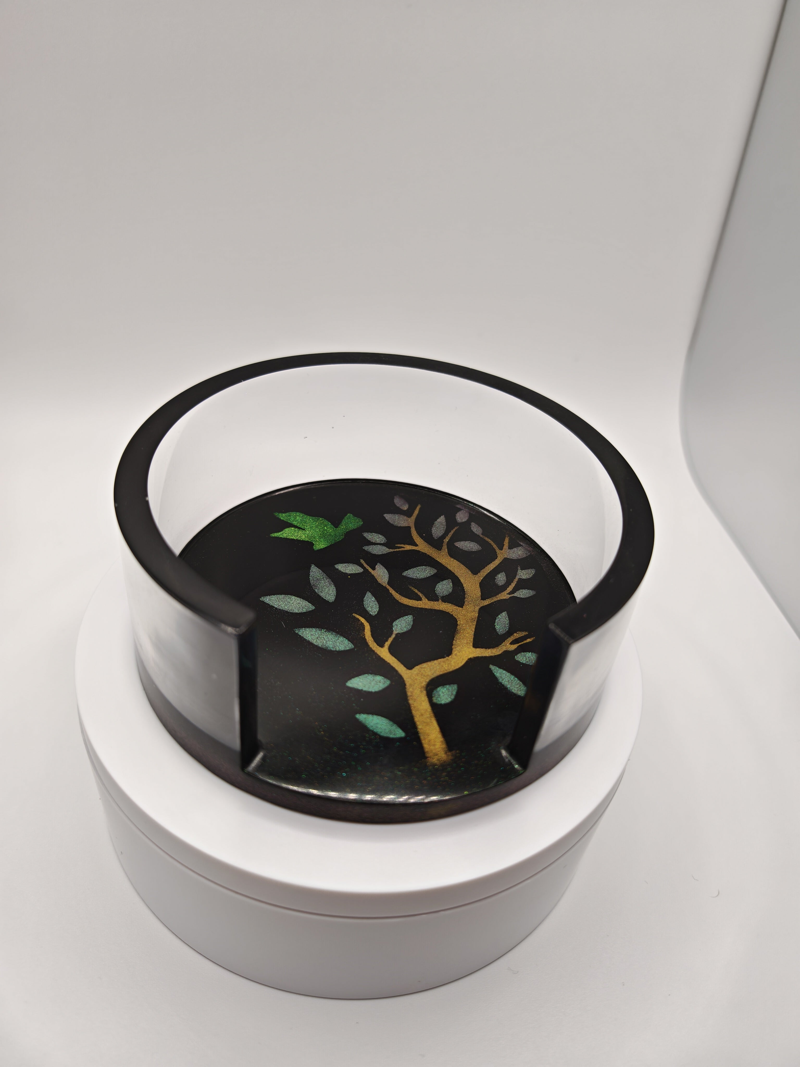 Black and Gold Resin Coaster and Tray Set: Handmade Nature Art Decor