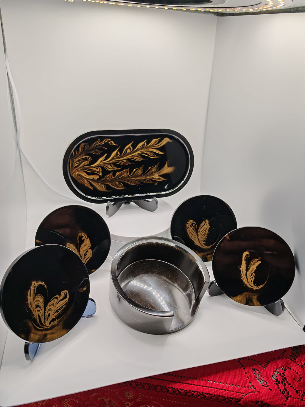 Black and Gold Resin Tray Set: Handmade Elegant Coffee Serving Decor