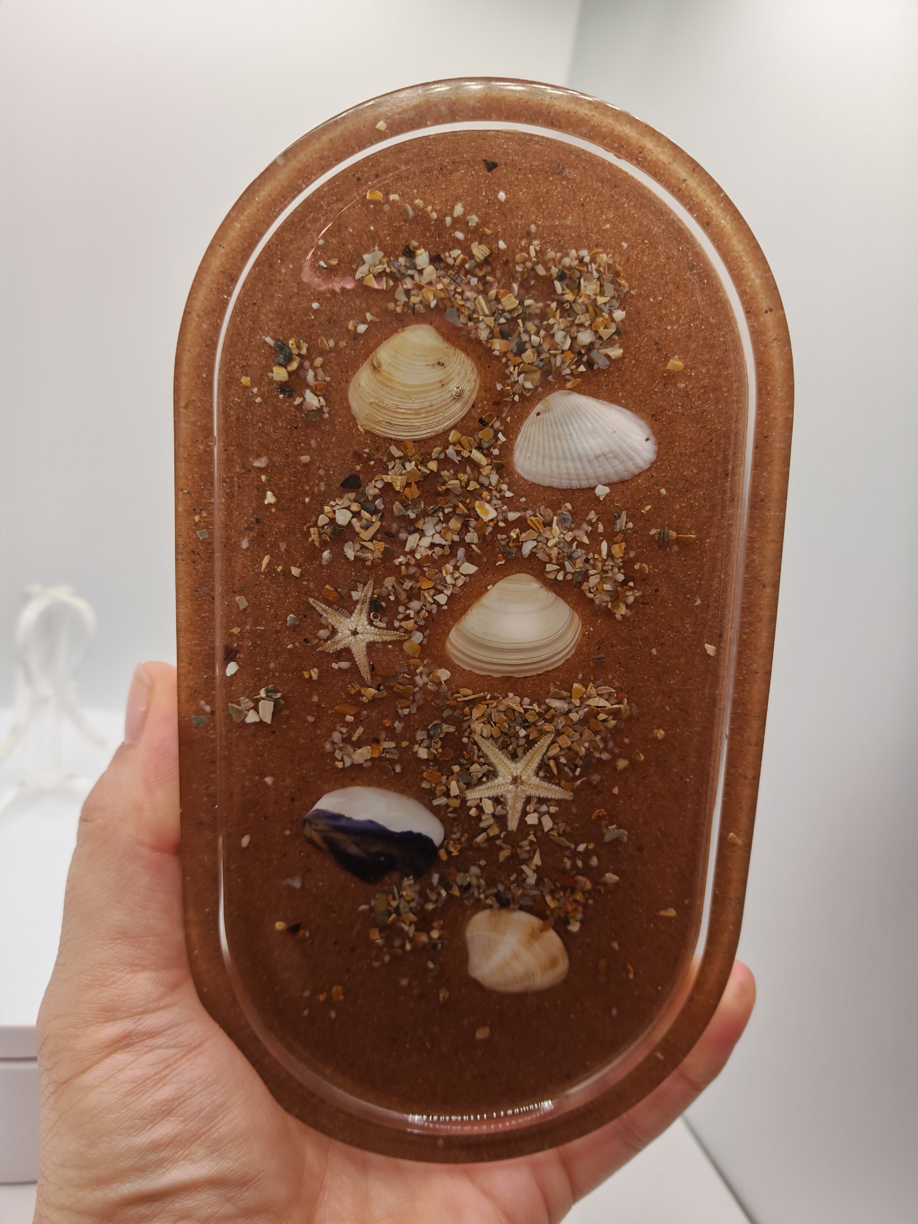 Seashell Resin Tray: Coastal Beach Sand Art - Nautical Home Decor