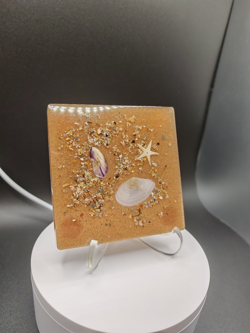 Seashell Resin Coaster Set with Holder: Handmade Coastal Decor