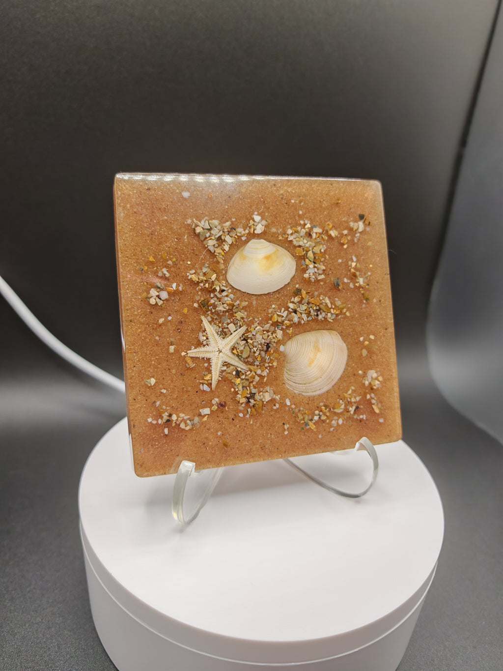 Seashell Resin Coaster Set with Holder: Handmade Coastal Decor