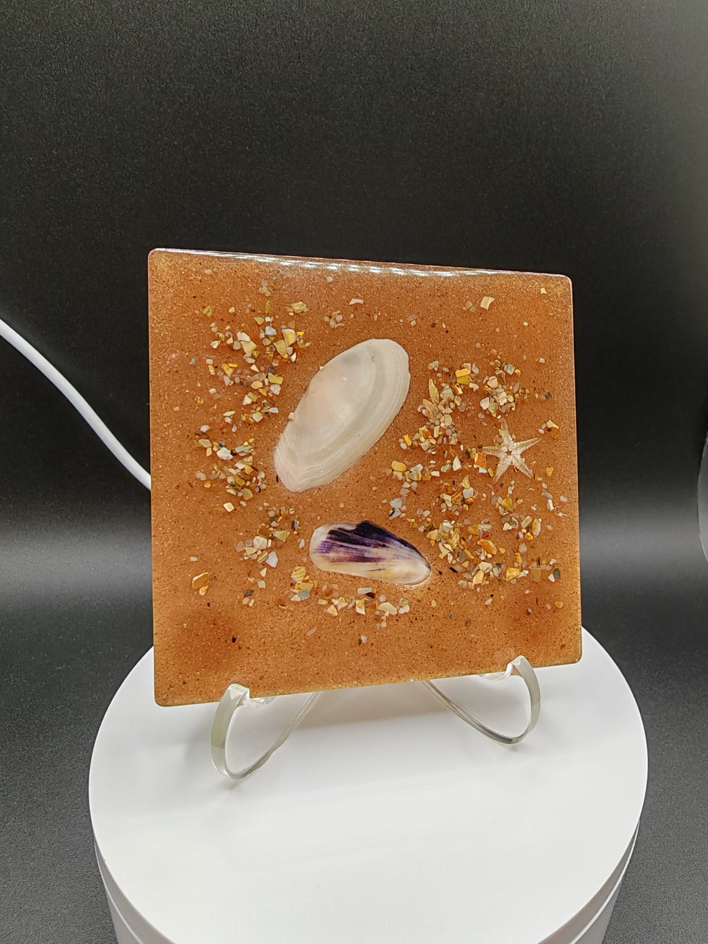 Seashell Resin Coaster Set with Holder: Handmade Coastal Decor