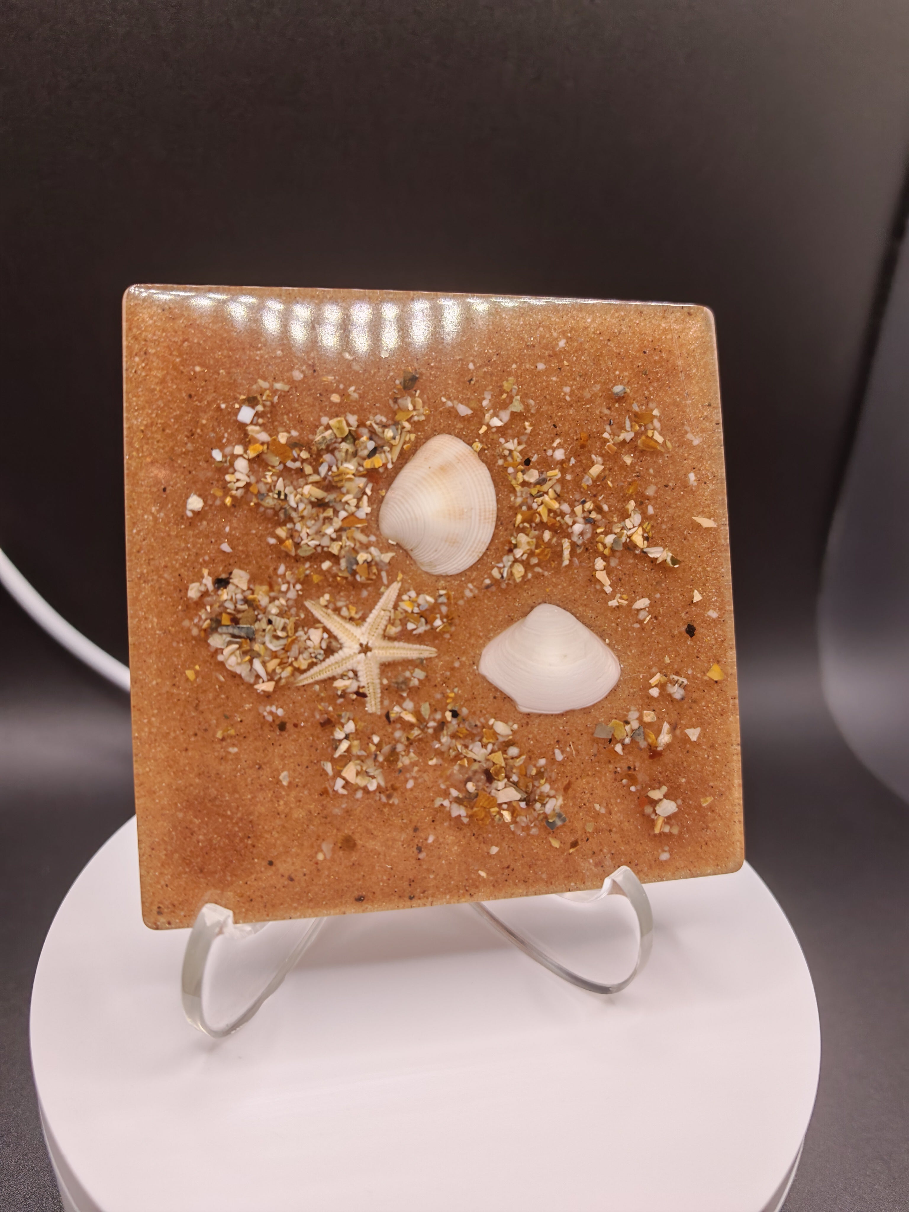 Seashell Resin Coaster Set with Holder: Handmade Coastal Decor