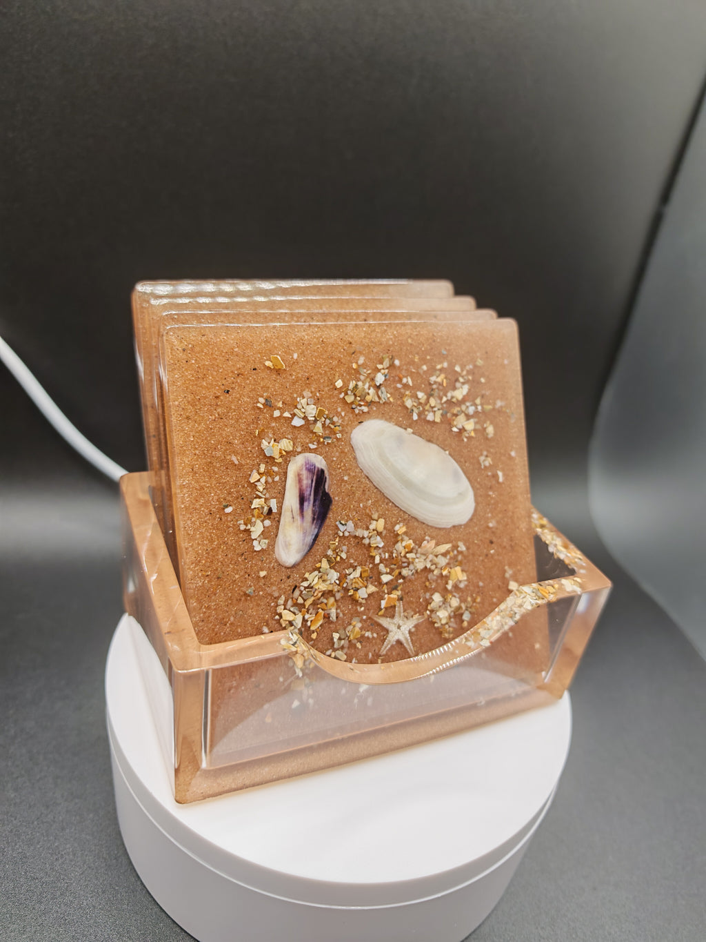 Seashell Resin Coaster Set with Holder: Handmade Coastal Decor