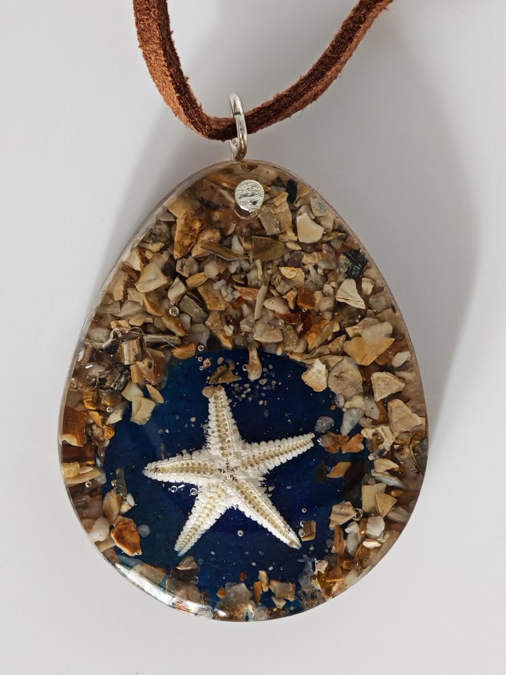Resin Starfish Necklace: Ocean Teardrop Pendant, Suede Cord - Handmade